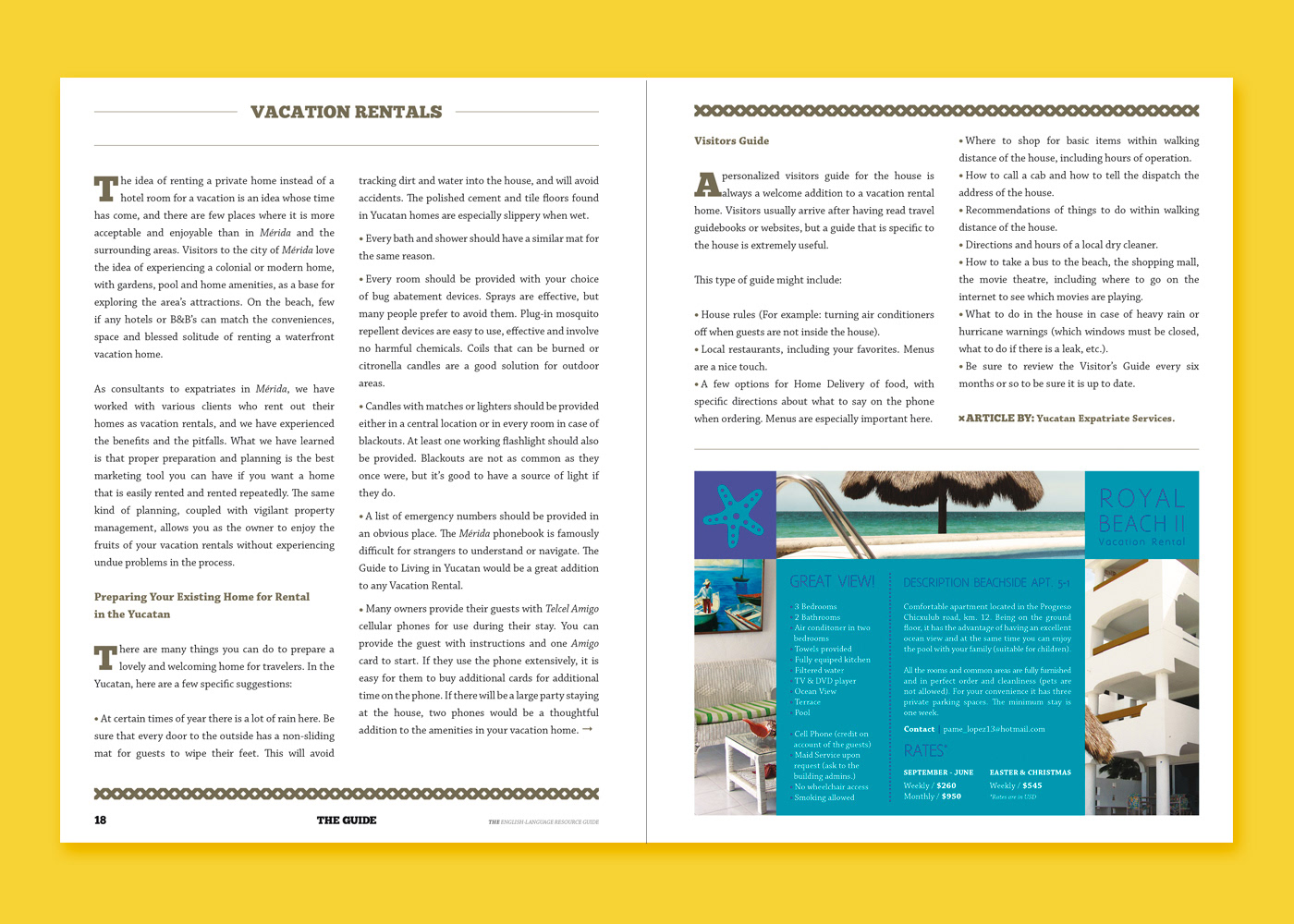The Guide to Living in Yucatan: Double-page spread with article and half page ad