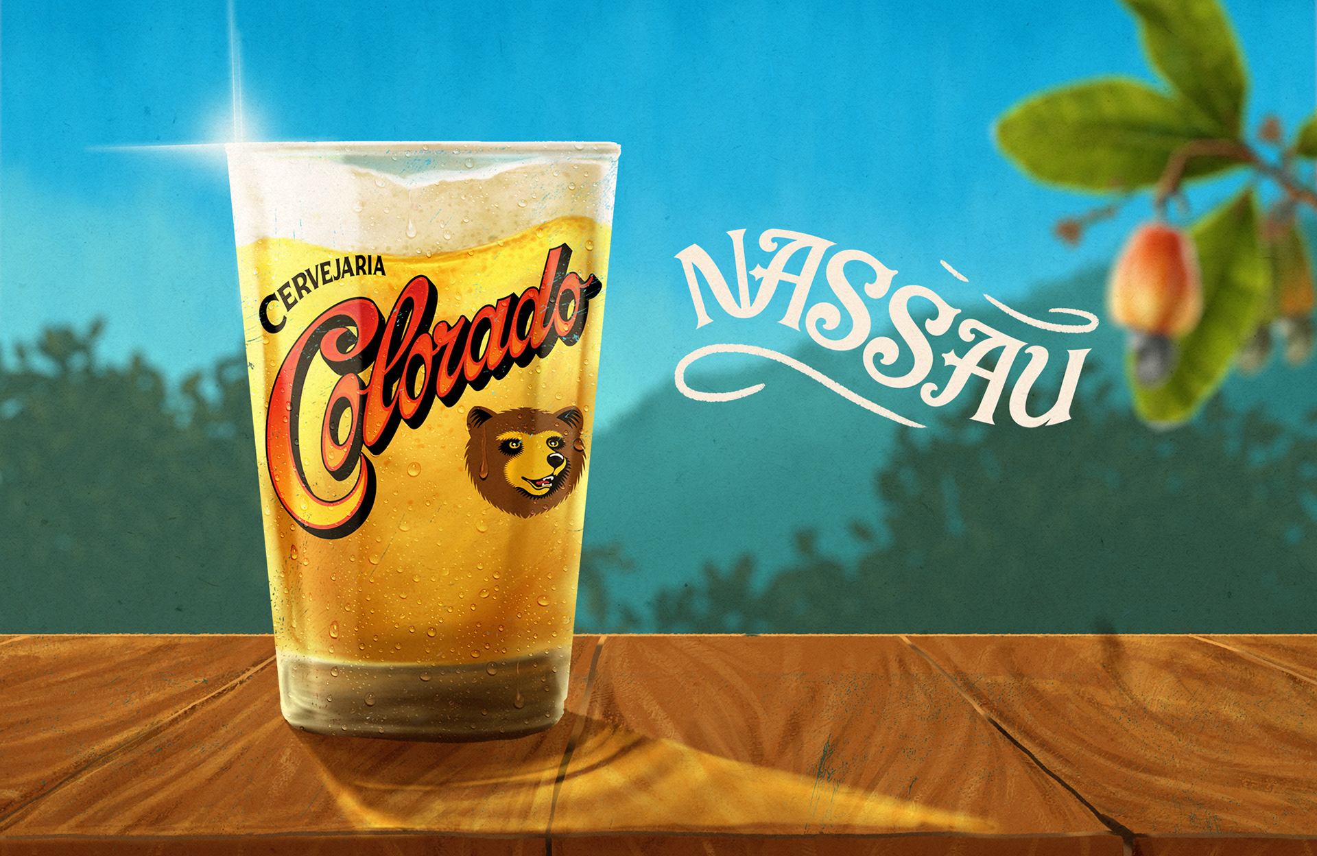 illustration of a glass of beer from the Colorado brewery, climbs a table, forest in the background. ilustração de um copo de cerveja da cervejaria colorado, sobe uma mesa, floresta ao fundo. ilustración de un vaso de cerveza de la cervecería Colorado, sube a una mesa, bosque al fondo