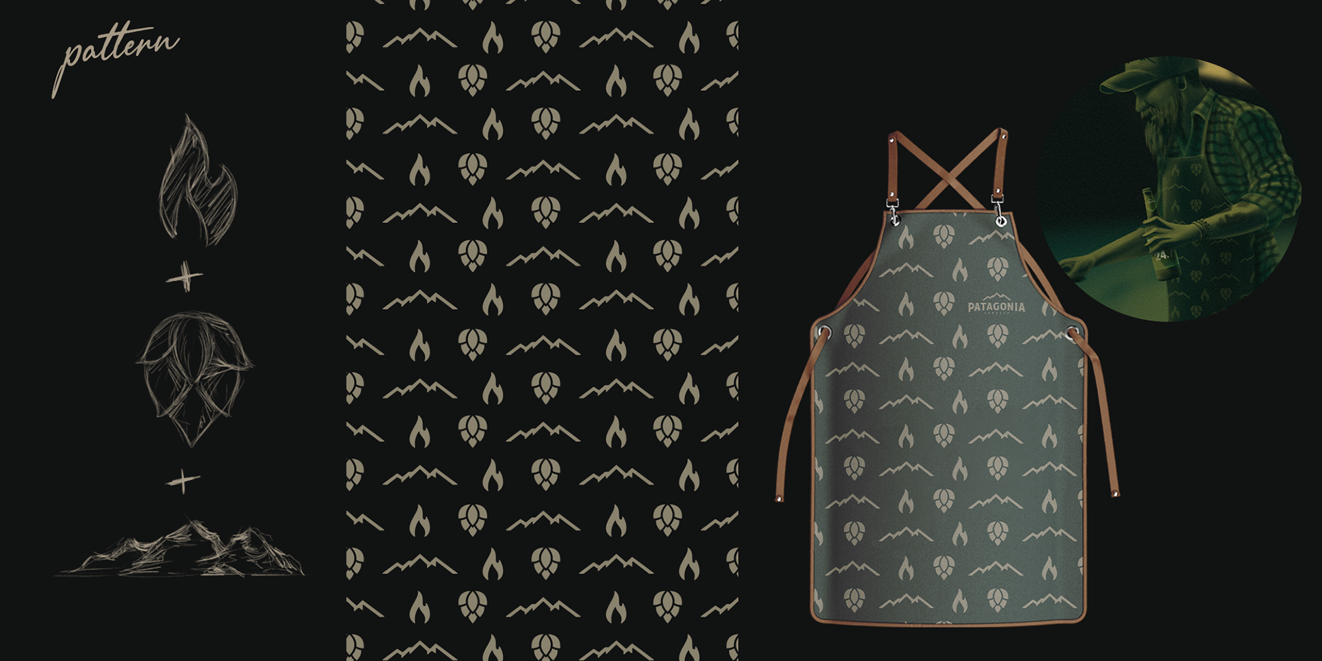 Pattern image and illustrations from an advertising campaign showcasing barbecue and beer during the World Cup.