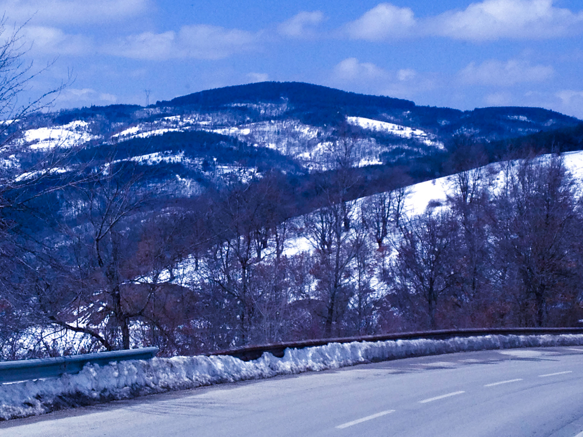 Snow capped hills enroute to Skopje in Macedonia from Sofia, Bulgaria