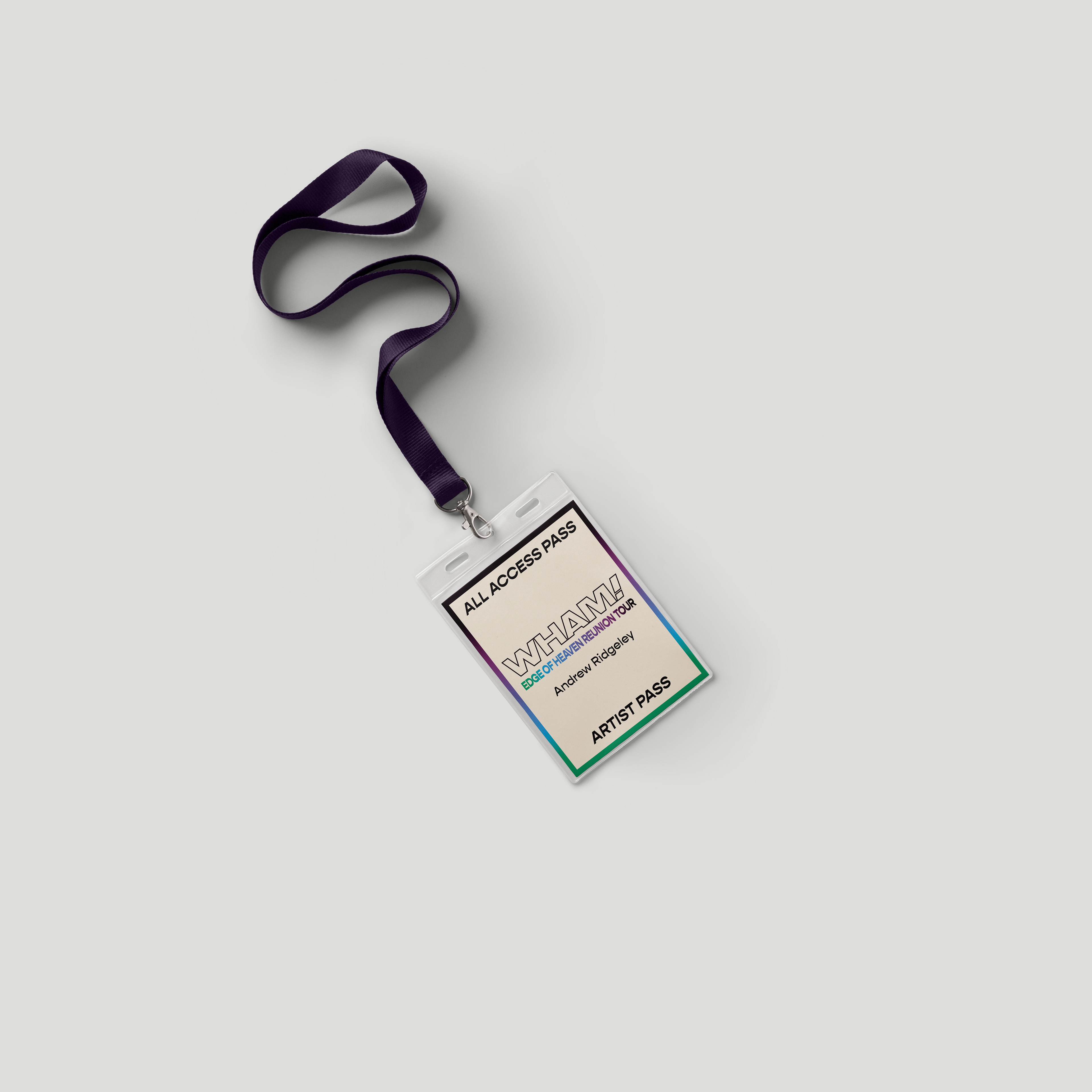 Wham! branded 80s tour VIP pass on grey surface