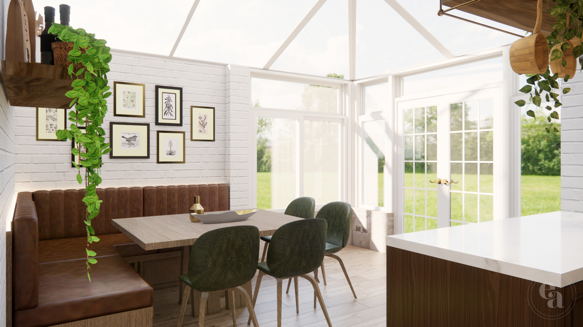 View of the sunroom breakfast nook with built in bench seating.
