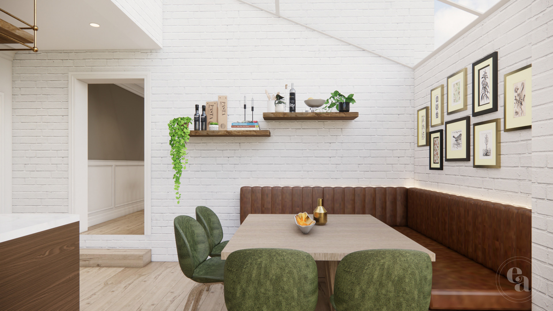 A view of the breakfast nook built in seating with the sunroom roof above against white brick walls.