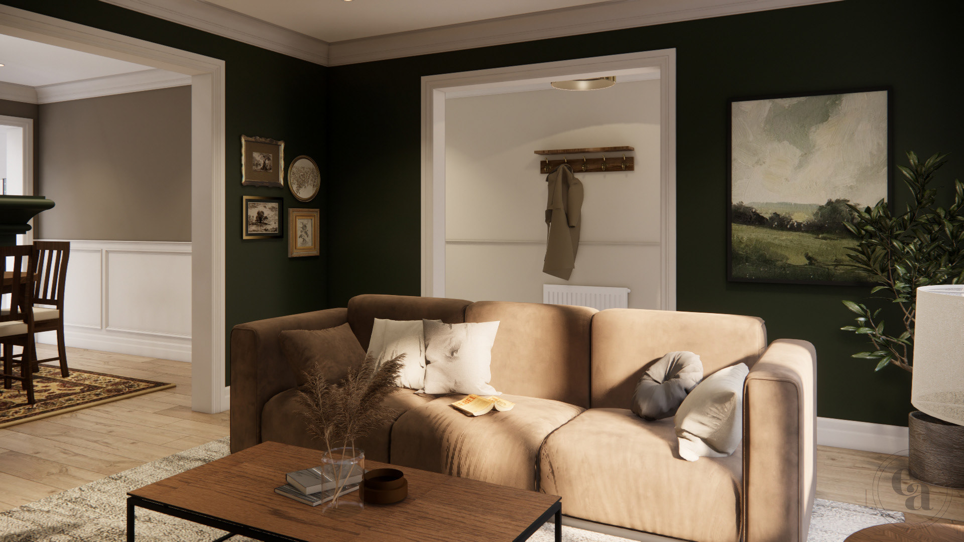 View of the brown leather couch with the passageway to the foyer behind. Paintings are on the walls.