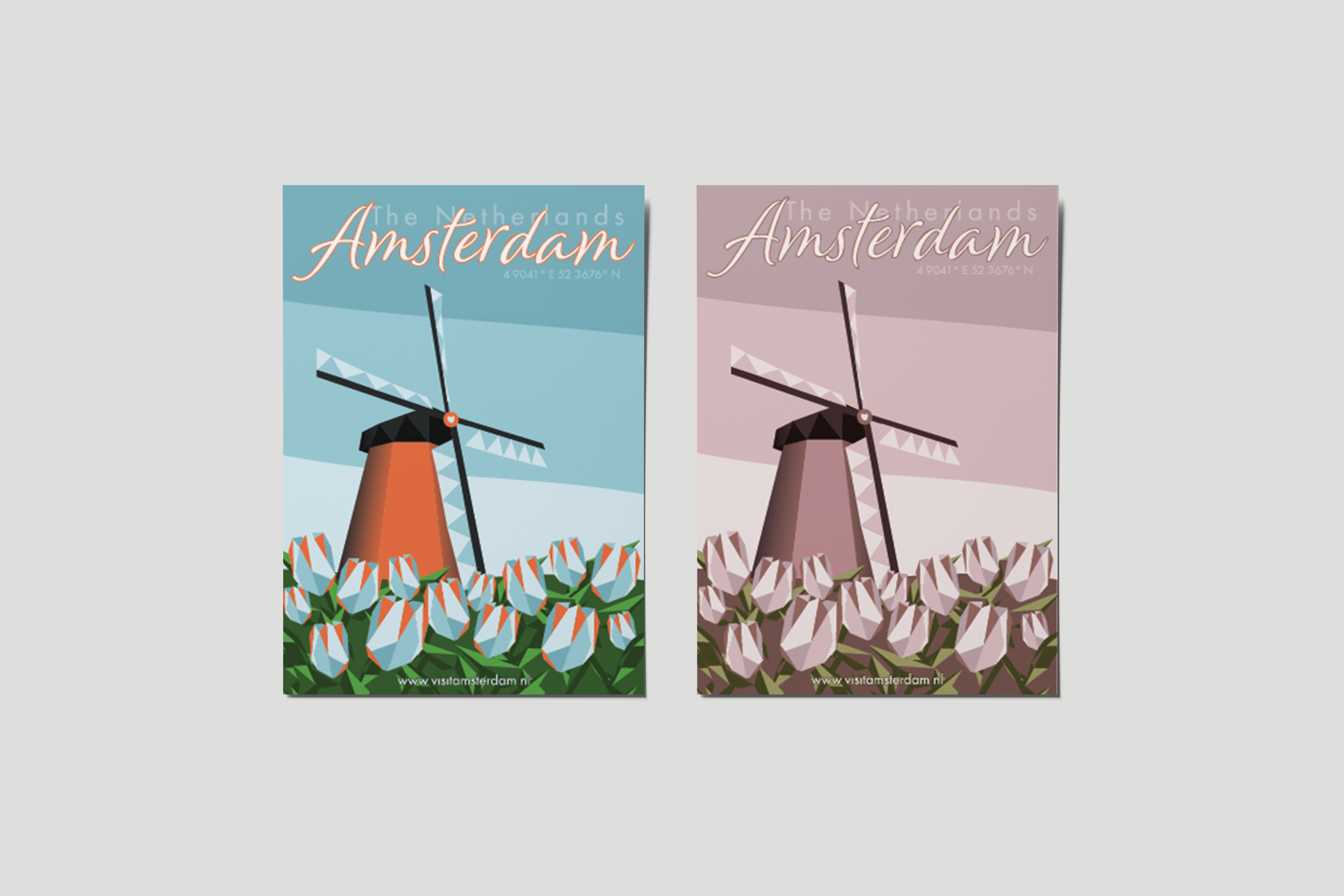 Two colour variations of a geometric postcard design for Amsterdam. The postcards contain a design of a windmill in the background and tulips in the foreground.