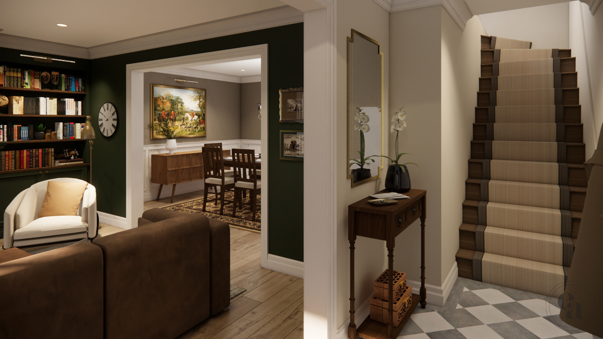 View of narrow light taupe painted foyer looking through a passageway into forest green painted traditional style living room.