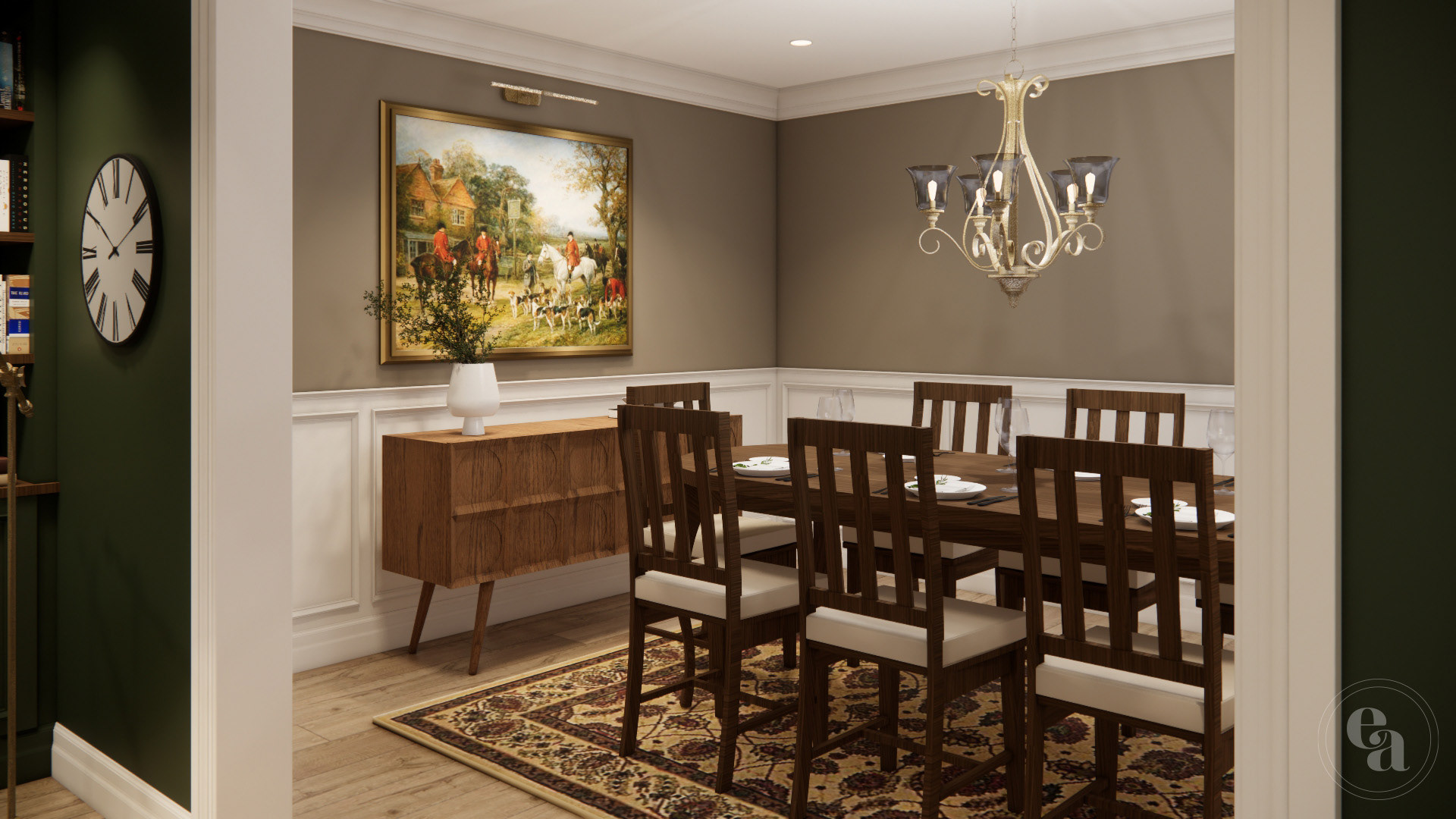 Angled view into the dining room showing the dark brown dining room table and chairs, a painting at the head wall, with an oak mid-century sideboard beneath.