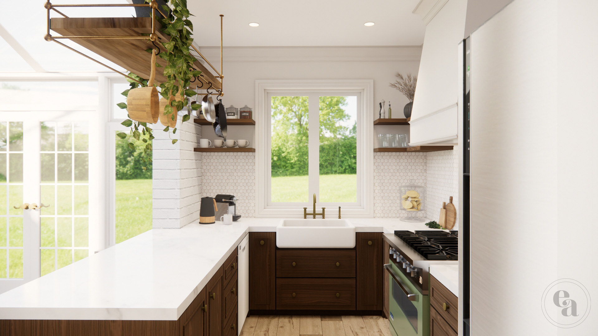 View of the U-shaped kitchen with the apron sink beneath a window, dark wood lower cabinets, and white brick walls
