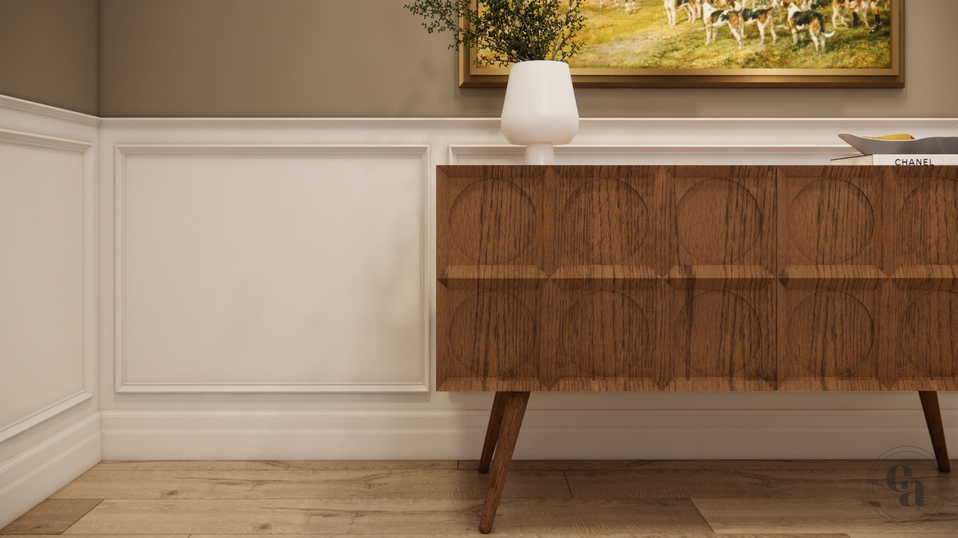 A closeup of an oak mid-century modern sideboard in front of cream wainscotting and taupe wall.