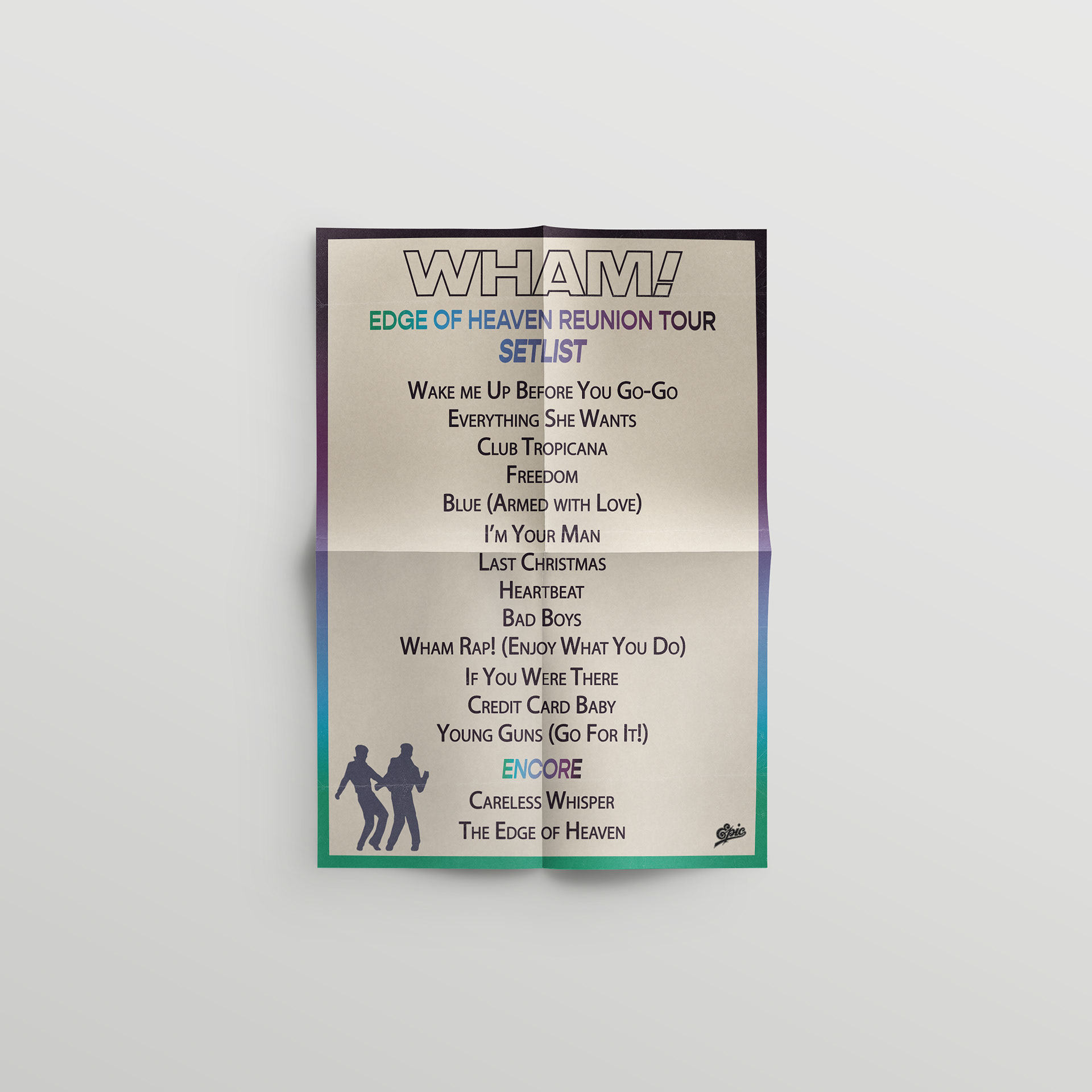 Wham! branded 80s tour setlist on grey surface.