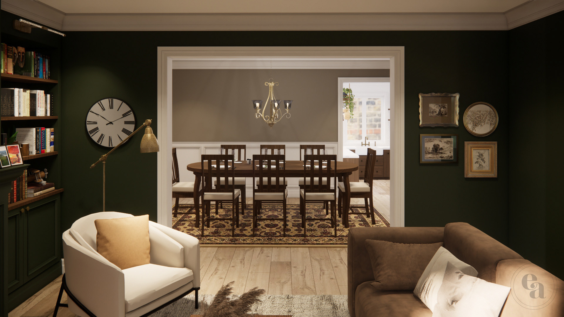 View from the living room window towards the passageway to the dining room. The leather couch is positioned on the right, facing the fireplace and stocked bookshelves on the left.