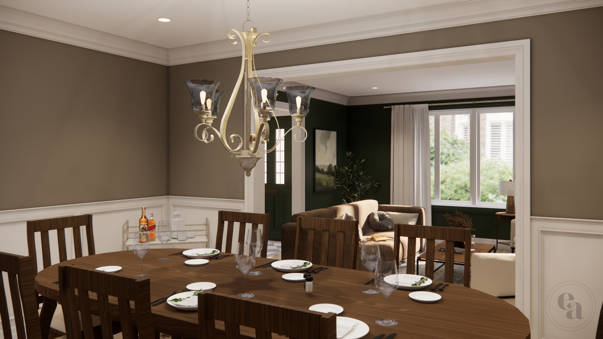 Angled view from the dining room showing the dark brown dining room table and chairs. The forest green living room and taupe foyer can be seen through the passageway.