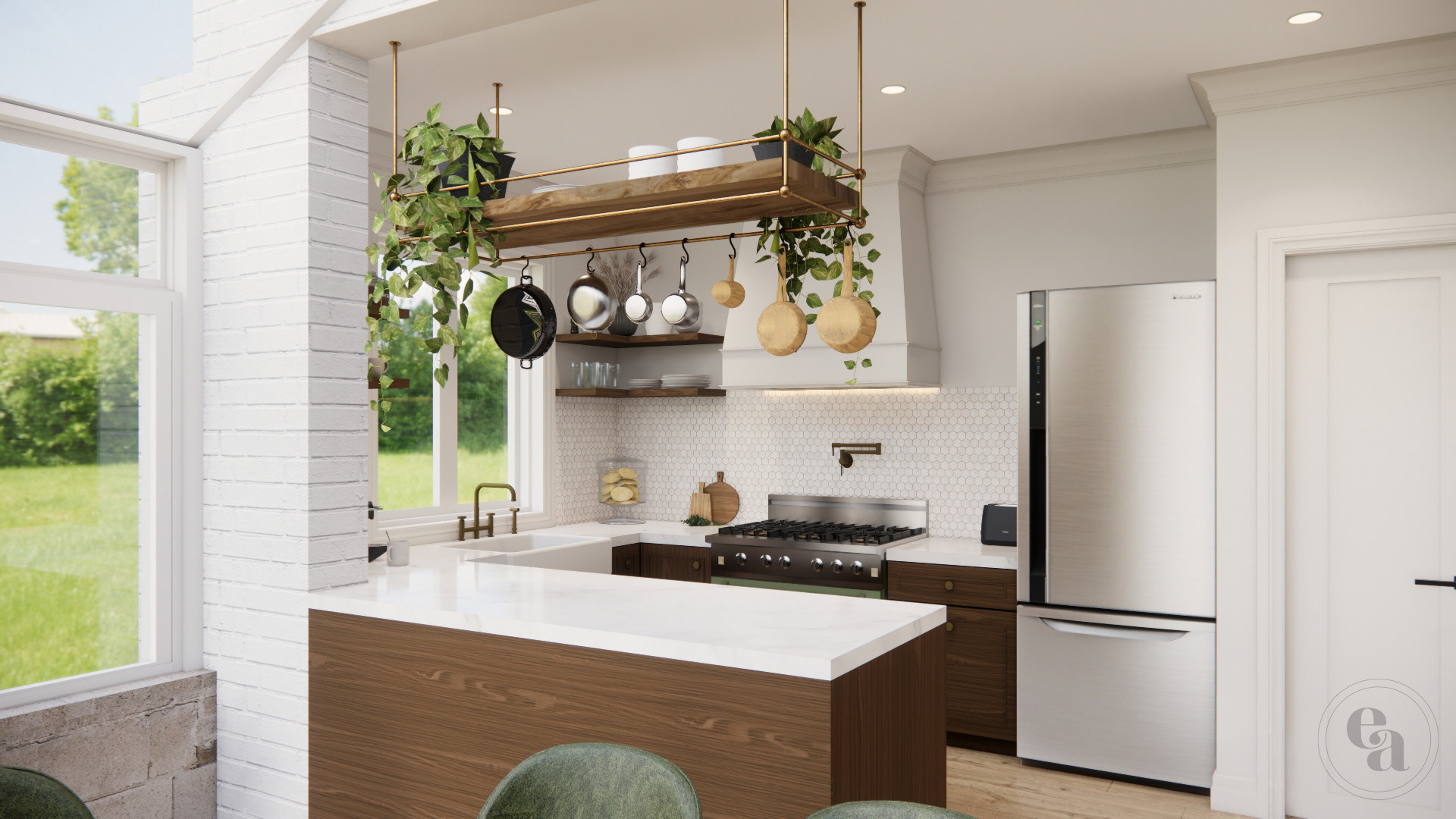 Angled view of the kitchen, showing the ornate range and custom range hood. A wood shelf for pots and pans is hanging from the ceiling.