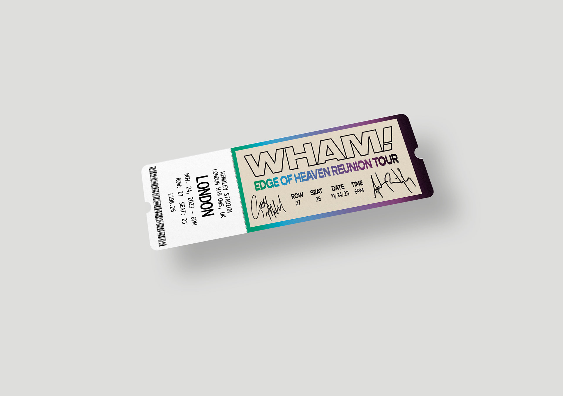 Wham! branded 80s tour ticket on grey surface