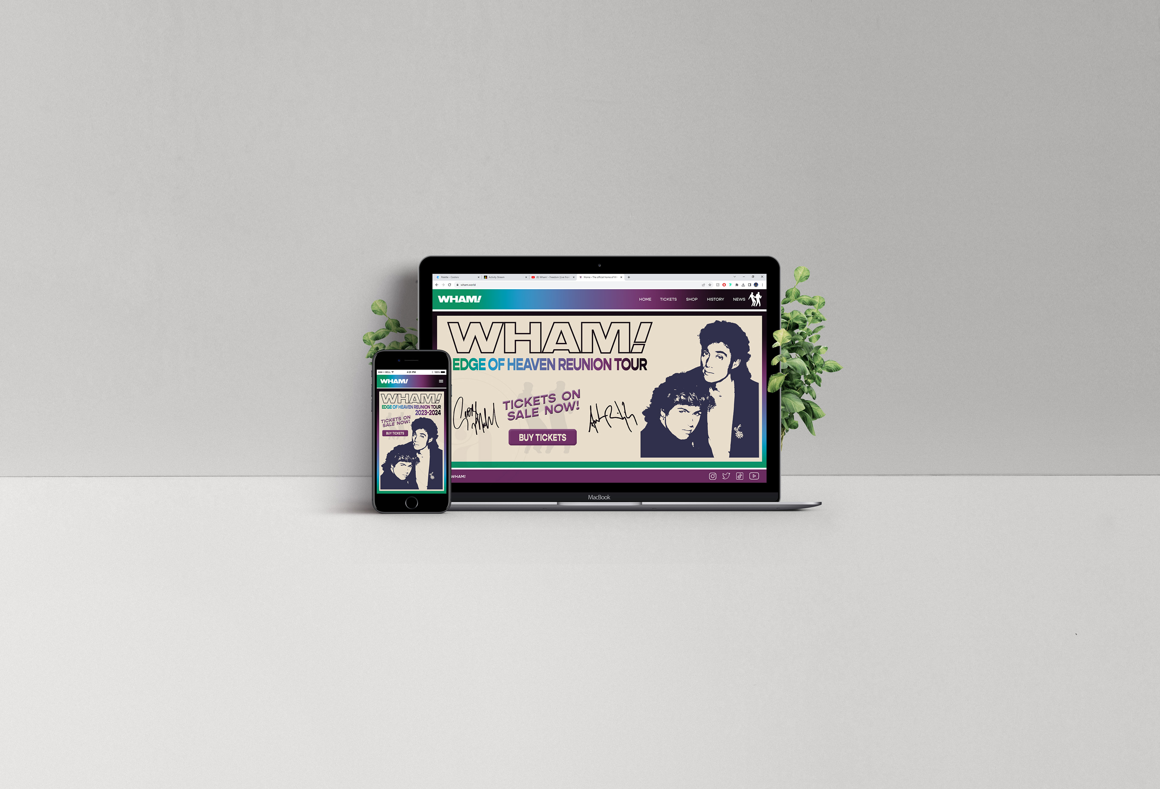iPhone and MacBook displaying the webpage for the Wham! branded 80s tour