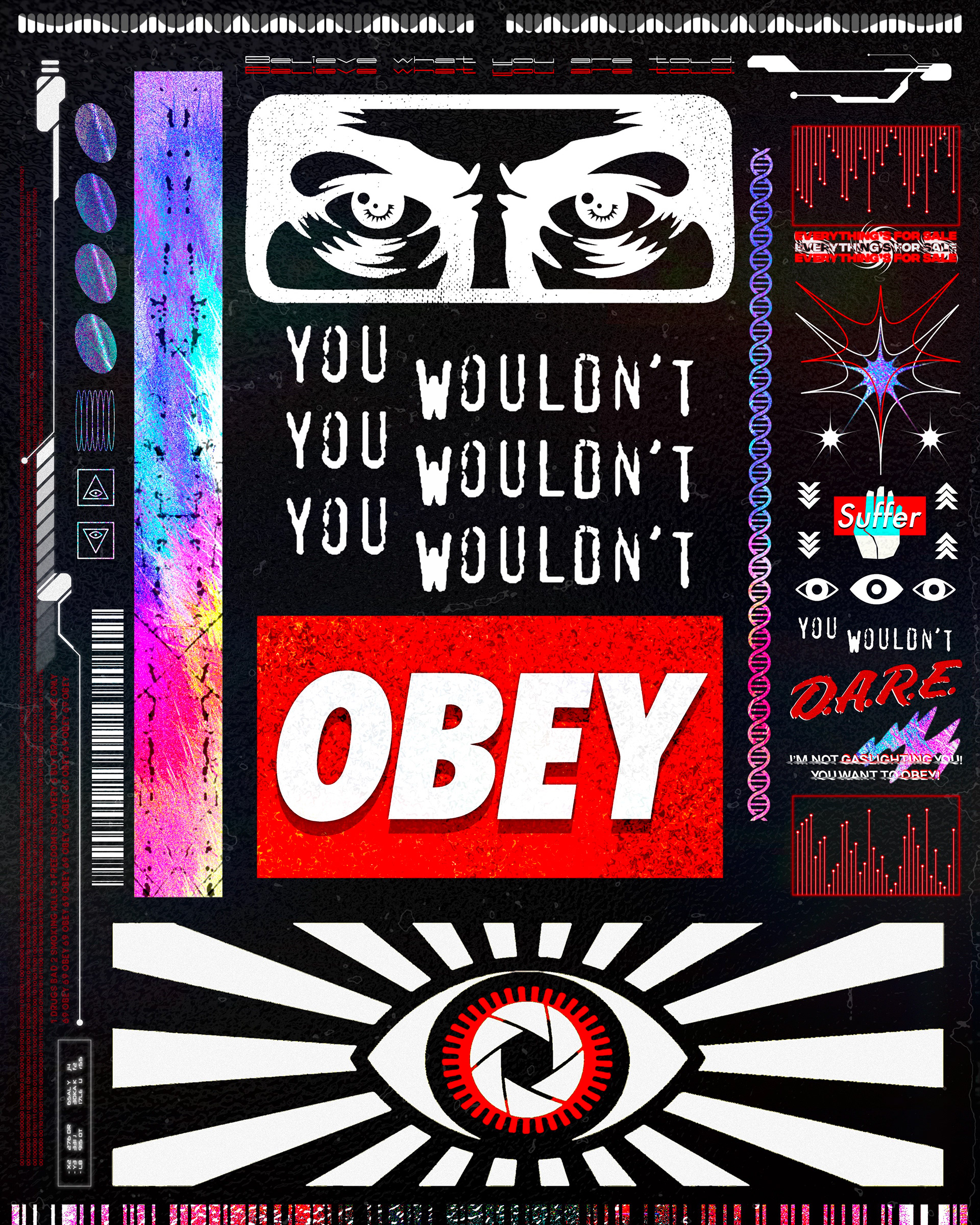 Brutalist poster design featuring parody styles of popular brands