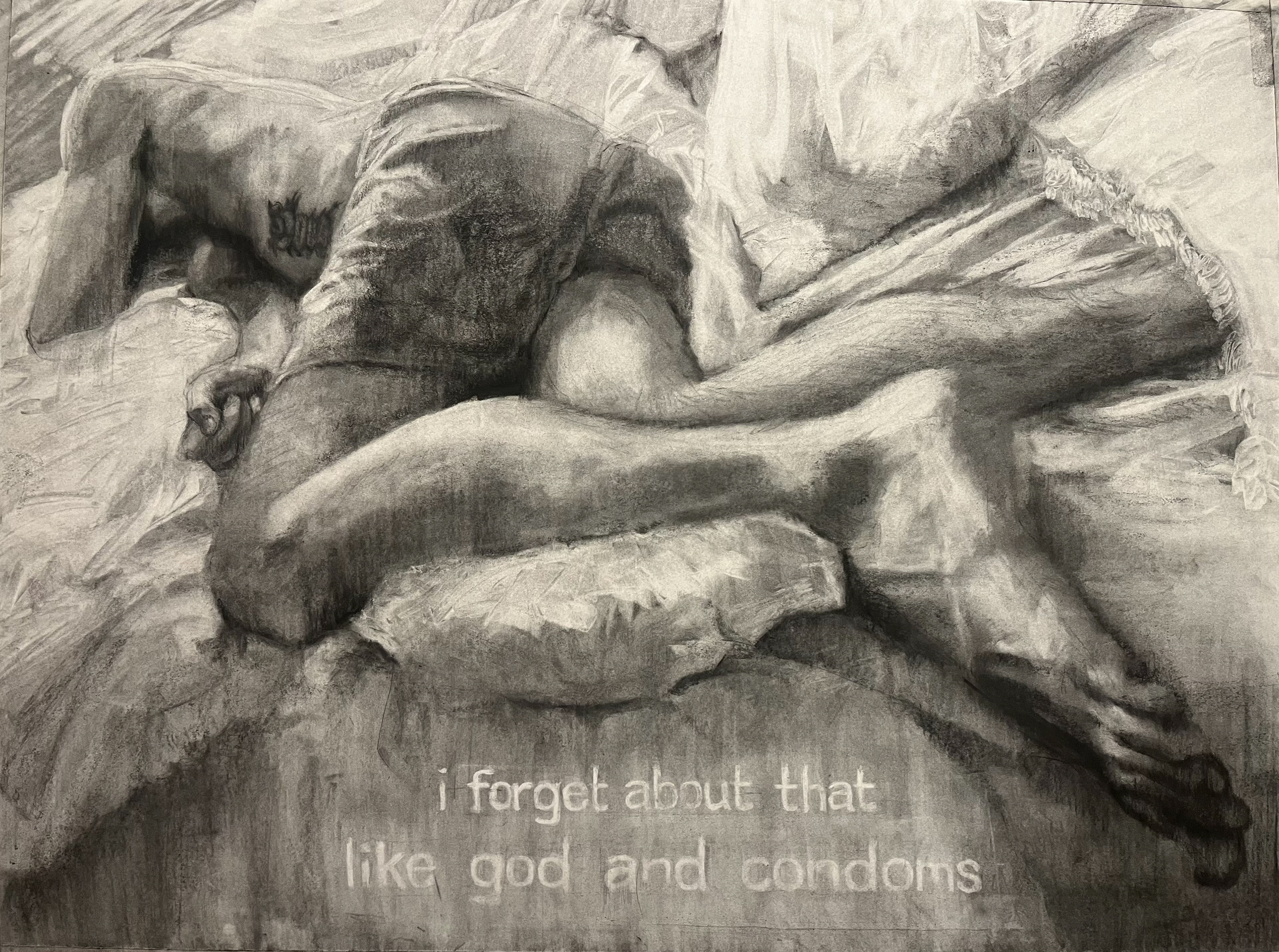 god and condoms, graphite powder and charcoal, 30 x 40 inches, 2025