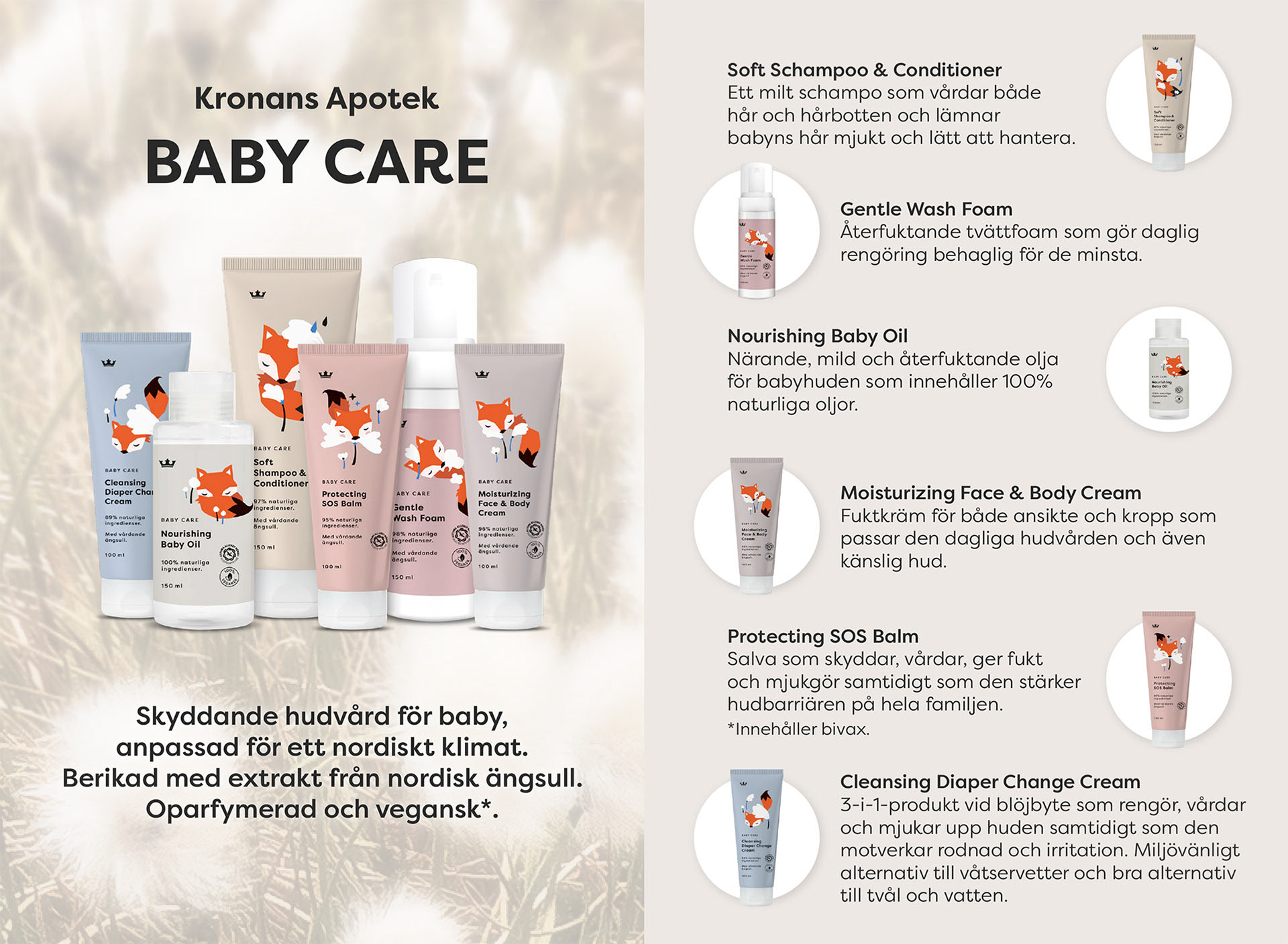 Two page sign with information about a baby care product line.