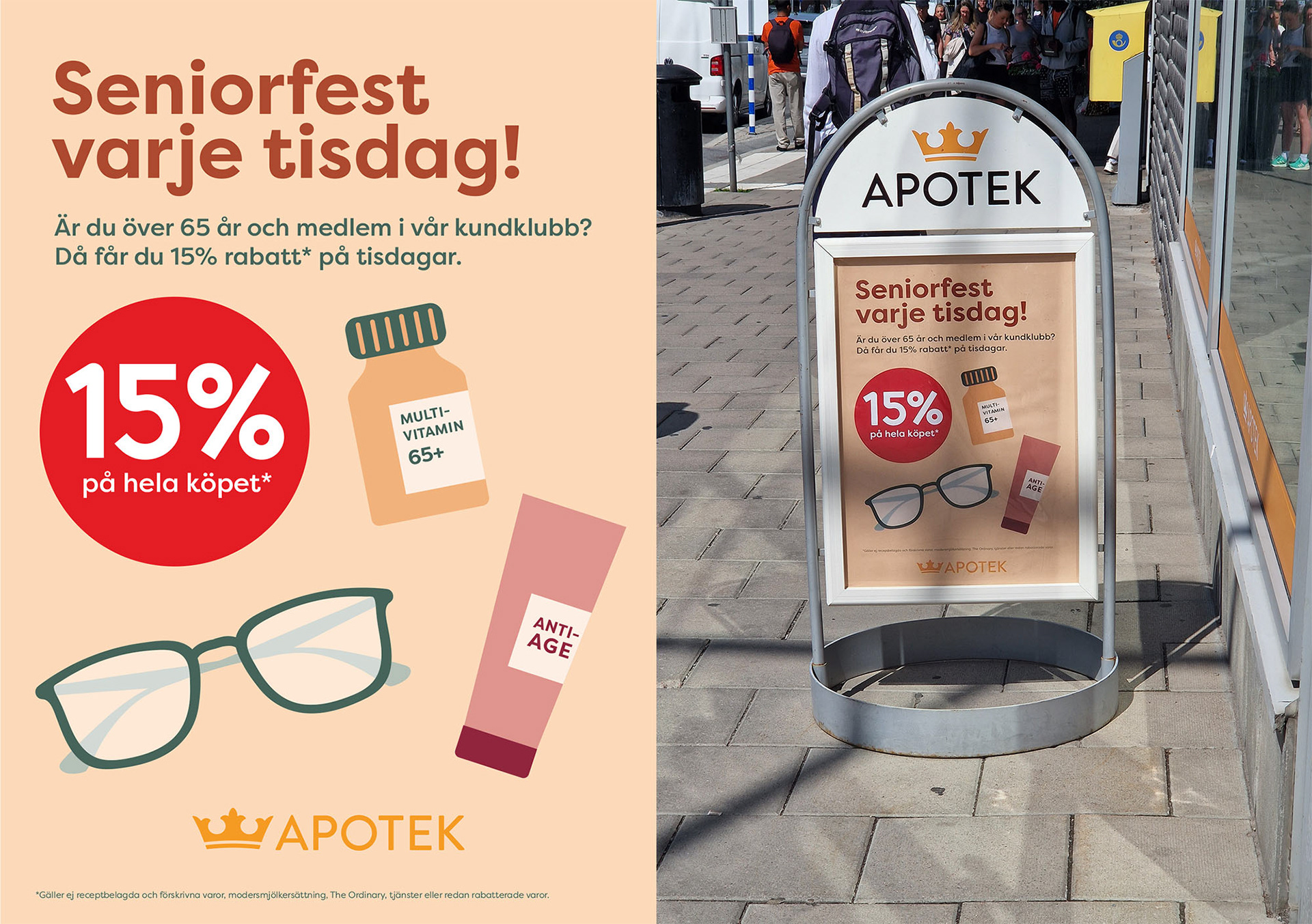 Sandwich board with a poster, communicating 15% off for people in the age of 65+.