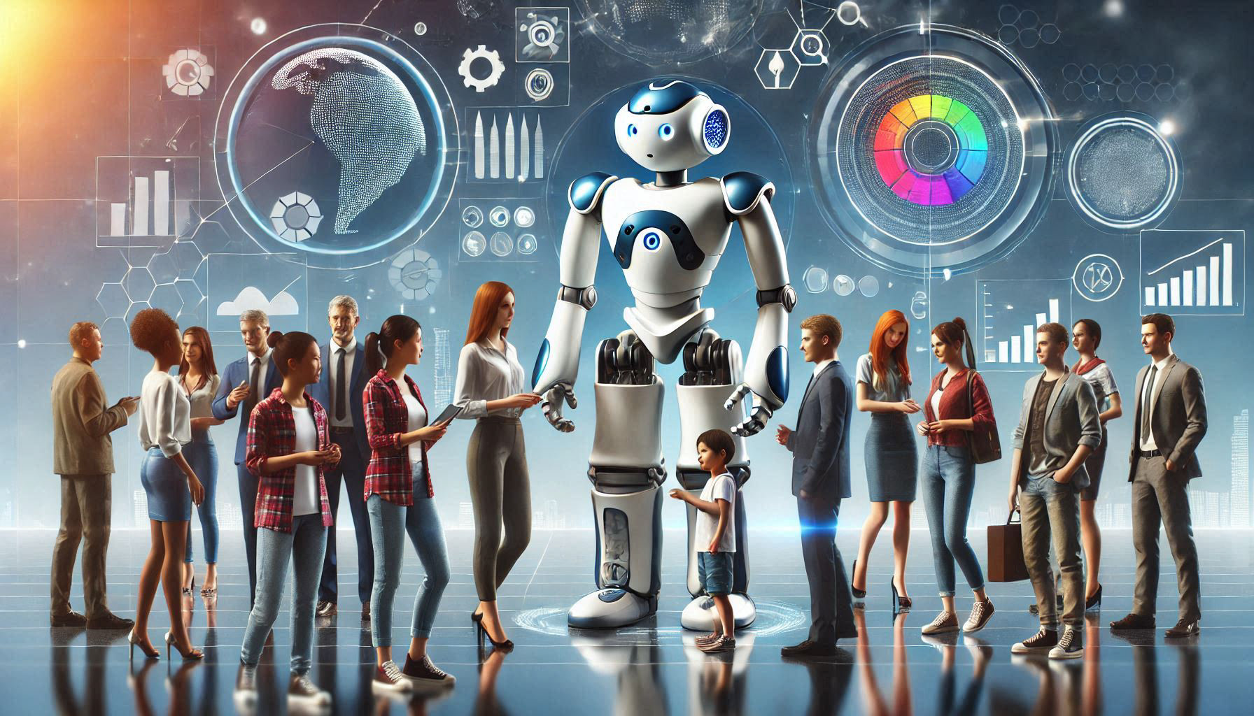 A robot standing in a crowd of people - generated by AI