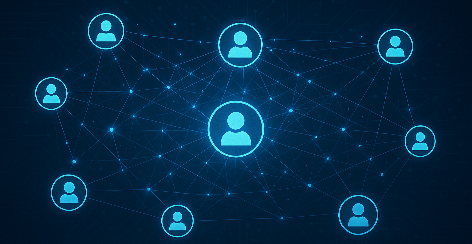 Icons of people connected together on a blue background