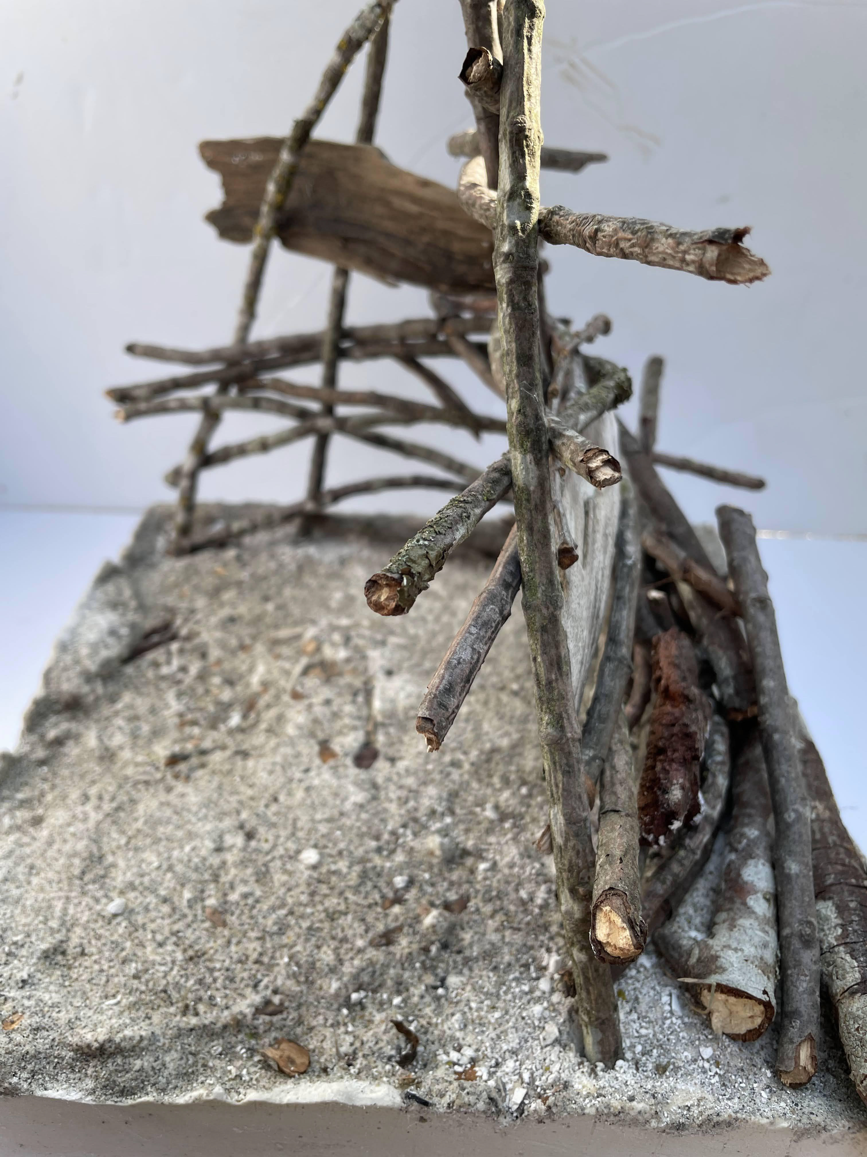 Cast of beach with constructed shelter (Plaster and sticks)