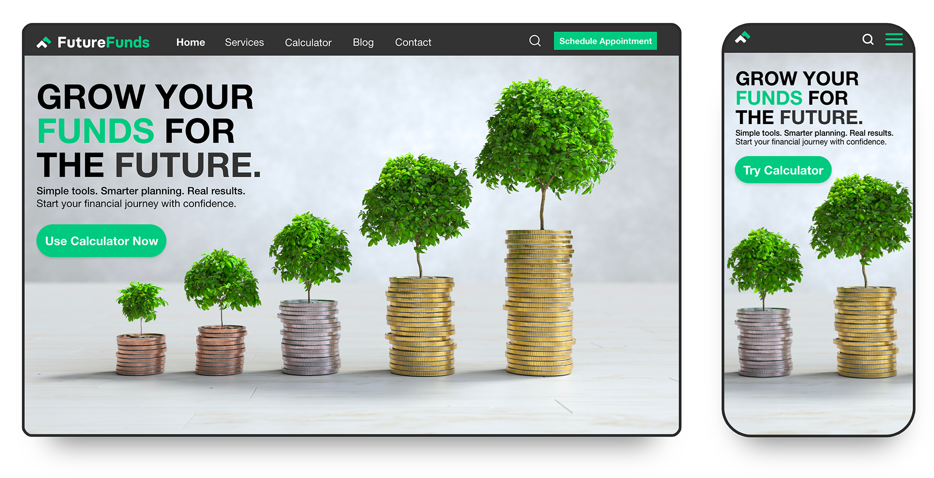 FutureFunds Desktop and Mobile Mockups