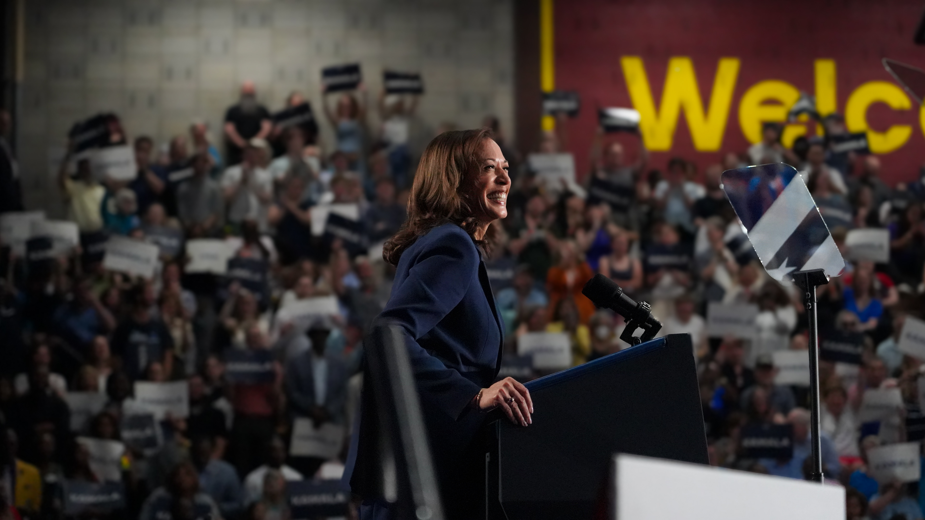 Vice President Kamala Harris speaks to supporters in West Allis, WI at her first presidential campaign rally. July 2024