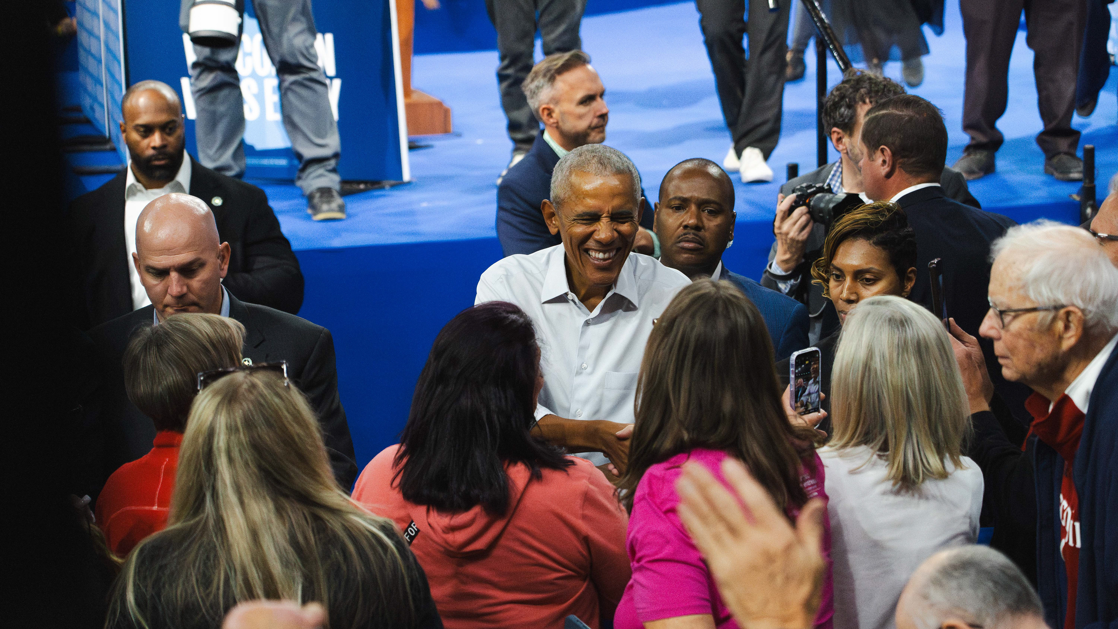 Former President Obama greets supporters after rally in Madison, WI. October 2024