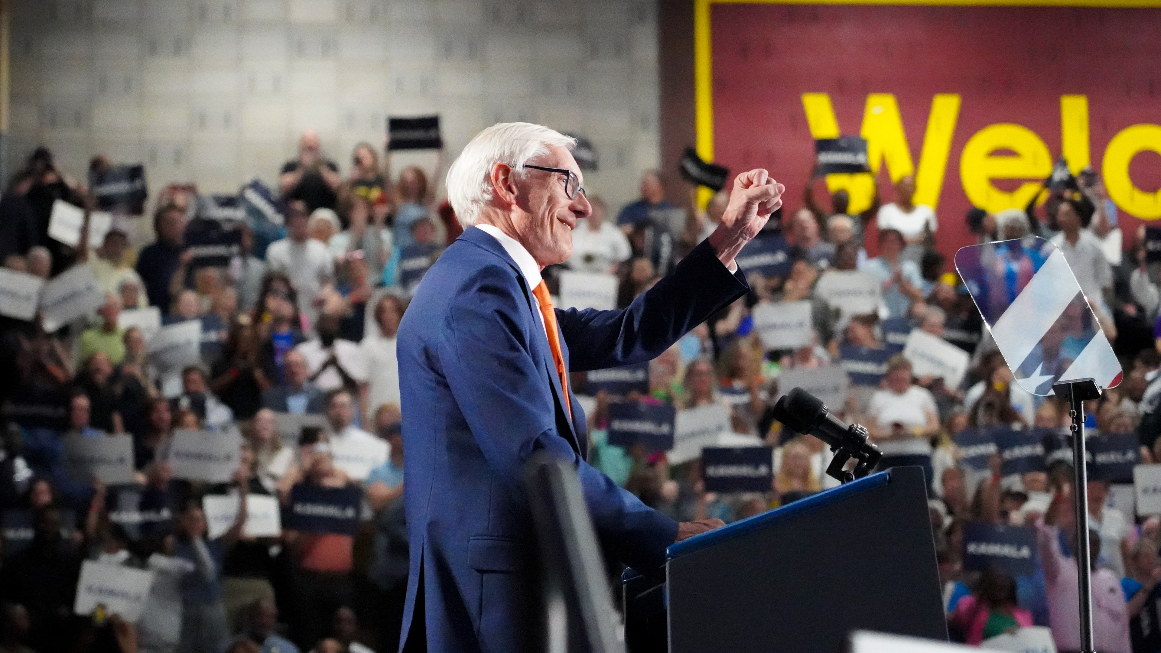 Governor Tony Evers rallies Harris/Walz supporters in West Allis, WI. July 2024