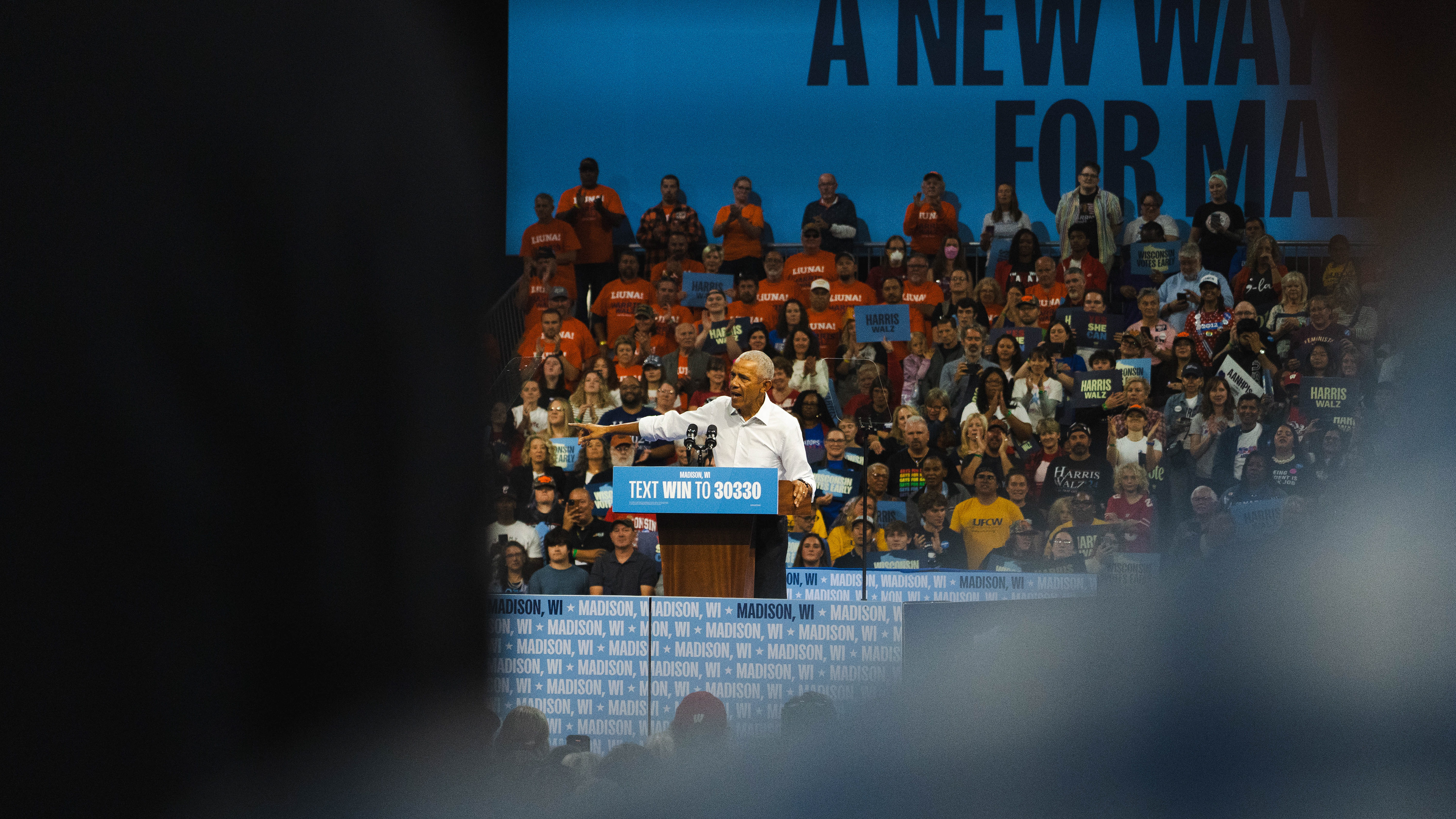 Former President Barack Obama speaks to supporters in Madison, WI. October 2024