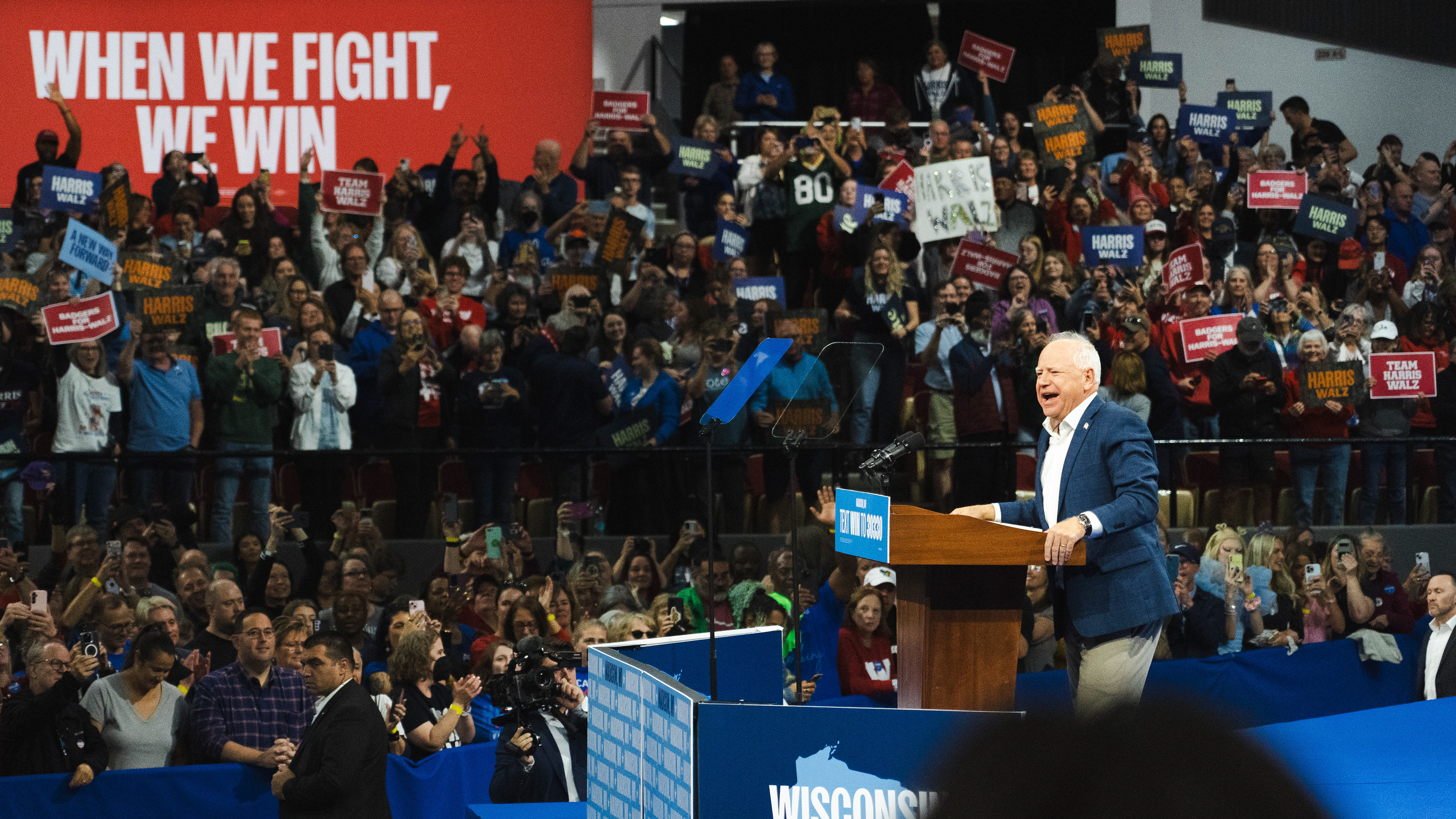 Governor Tim Walz speaks to supporters at Madison, WI rally. October 2024