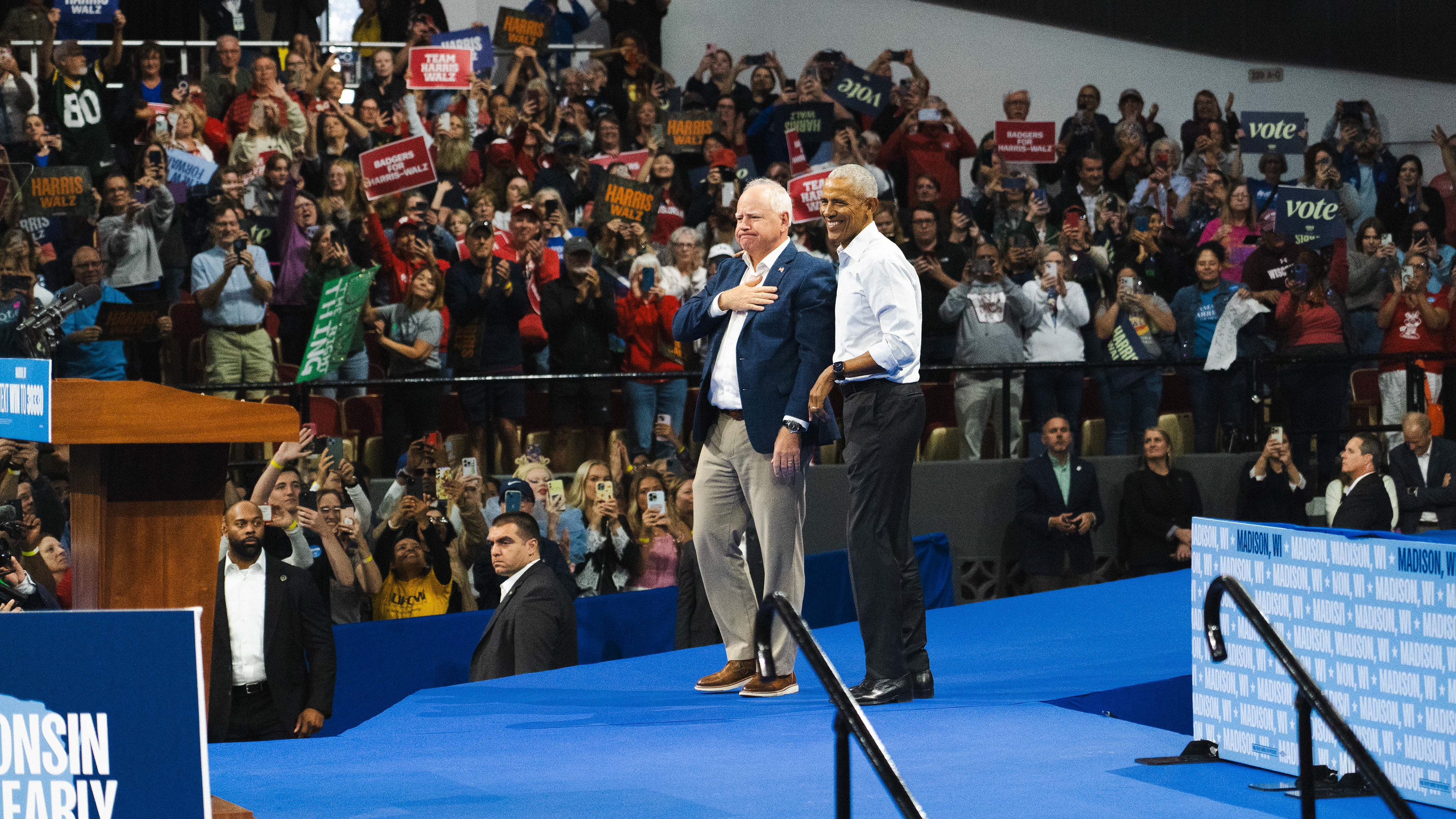 Governor Tim Walz and former President Obama in Madison, WI. October 2024