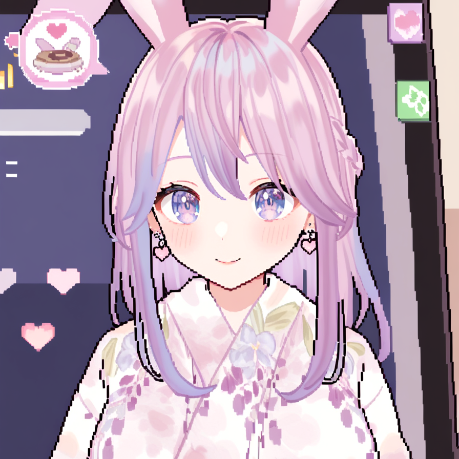hair ornament,cute,smile,heart,lovely,love,dreamy,dreamy watercolor,usamimi koro💕,detailed,gorgeous hair ornament,cute rabbit ears on her head,kimono with floral patterns,animal ears,solo,1girl,pink hair,blue eyes,looking at viewer,braid,earrings,rabbit ear,heart eye,Game Screen,Parameter Display,(pixel art:0.8)