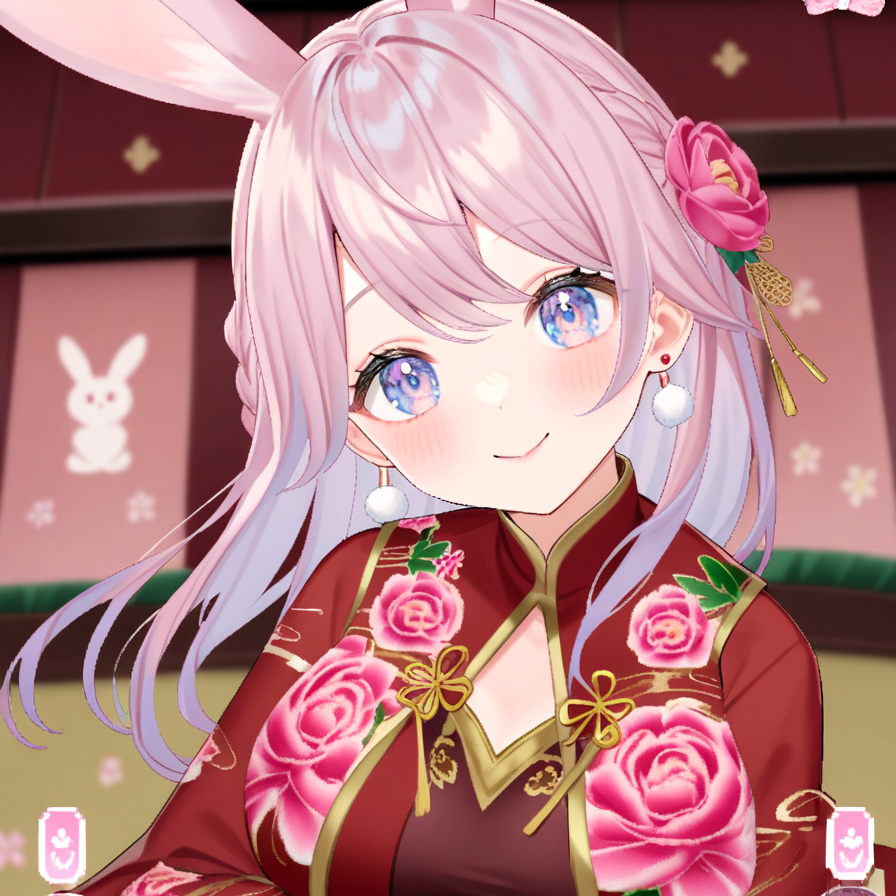 hair ornament,cute,smile,heart,lovely,love,dreamy,dreamy watercolor,usamimi koro💕,detailed,gorgeous hair ornament,cute rabbit ears on her head,kimono with floral patterns,animal ears,solo,1girl,pink hair,blue eyes,looking at viewer,braid,earrings,rabbit ear,heart eye,Game Screen,Parameter Display,(pixel art:0.8)