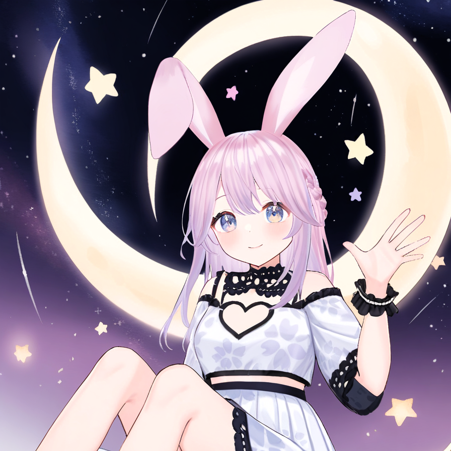 animal ears,solo,1girl,pink hair,blue eyes,looking at viewer,braid,rabbit ear,cute,heart,lovely,heart eye,love,dreamy,dreamy watercolor,usamimi koro💕,smile,rabbit ears,sitting on a giant crescent moon,smiling,glitter,night sky,countless stars,milky way,shooting stars,dreamy atmosphere,waving gesture,sitting on the crescent moon,heart star