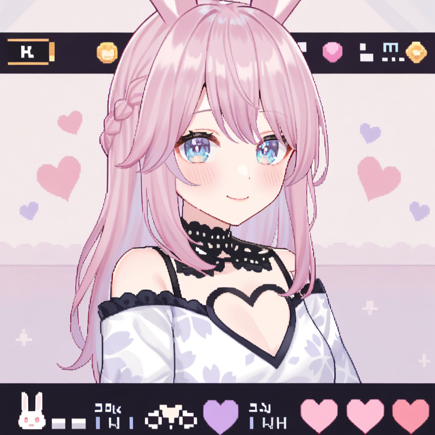 hair ornament,cute,smile,heart,lovely,love,dreamy,dreamy watercolor,usamimi koro💕,detailed,gorgeous hair ornament,cute rabbit ears on her head,kimono with floral patterns,animal ears,solo,1girl,pink hair,blue eyes,looking at viewer,braid,earrings,rabbit ear,heart eye,Game Screen,Parameter Display,(pixel art:0.8)