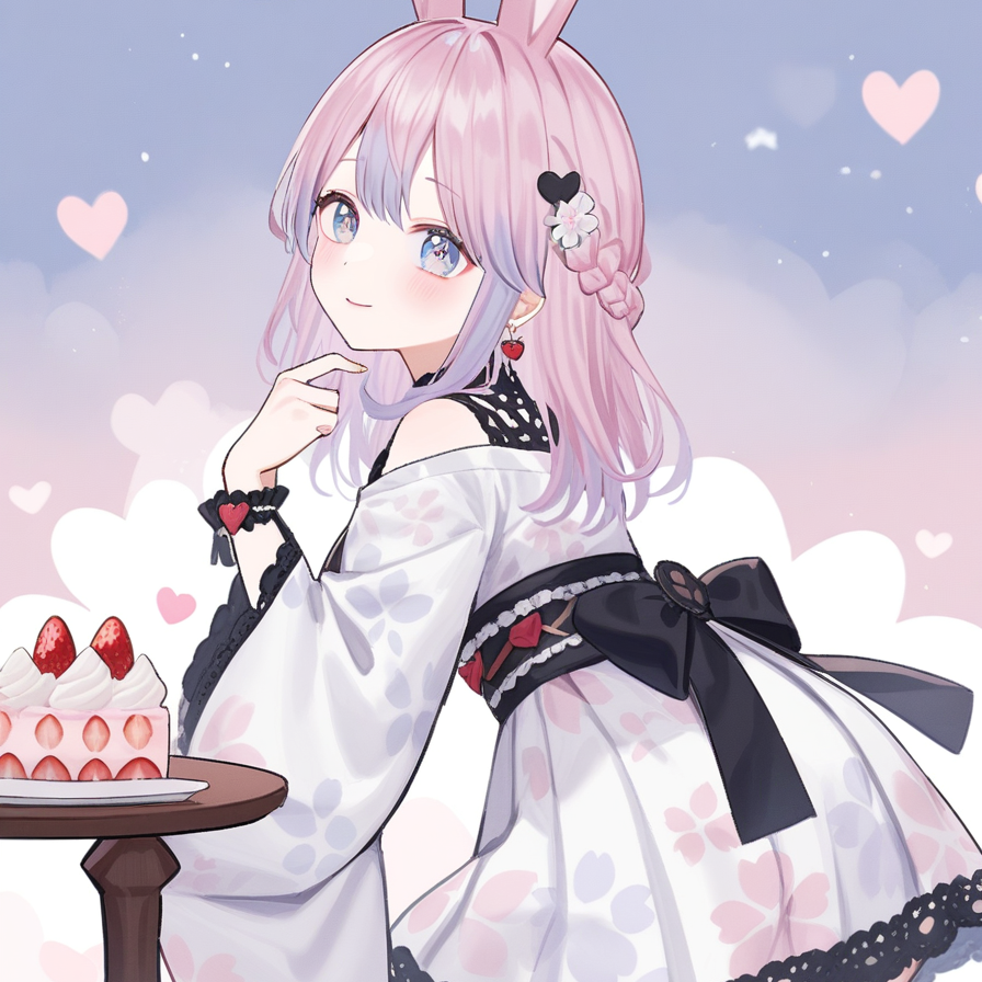cute rabbit ears on her head,from side,medium wide shot,kimono with floral patterns,1girl,animal ears,solo,pink hair,blue eyes,looking at viewer,braid,hair ornament,rabbit ear,cute,smile,heart,lovely,heart eye,love,dreamy,dreamy watercolor,rabbit ear,usamimi koro💕,earrings,detailed,gorgeous hair ornament,Name: Koro  Age: 17 forever  Birthday: January 29  Height: 120cm  Favorite food: Strawberry🍓,Name: Koro,Age: 17 forever,Birthday: January 29,Height: 120cm,Favorite food: Strawberry🍓