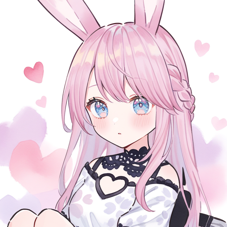 1girl,animal ears,solo,pink hair,blue eyes,looking at viewer,braid,rabbit ear,cute,heart,love story,love eyes,love,cutepose,dream pretty,heart eye,chibi,kawaii,rainbow sky,watercolor,sailor jk,girl sitting in a wheelchair,watercolor illustration,traditional media,1980s,君は僕のアンドロメダ,you are my andromeda
