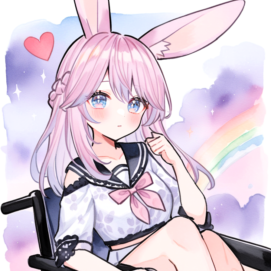 1girl,animal ears,solo,pink hair,blue eyes,looking at viewer,braid,rabbit ear,cute,heart,love story,love eyes,love,cutepose,dream pretty,heart eye,chibi,kawaii,rainbow sky,watercolor,sailor jk,girl sitting in a wheelchair,watercolor illustration,traditional media,1980s,君は僕のアンドロメダ,you are my andromeda