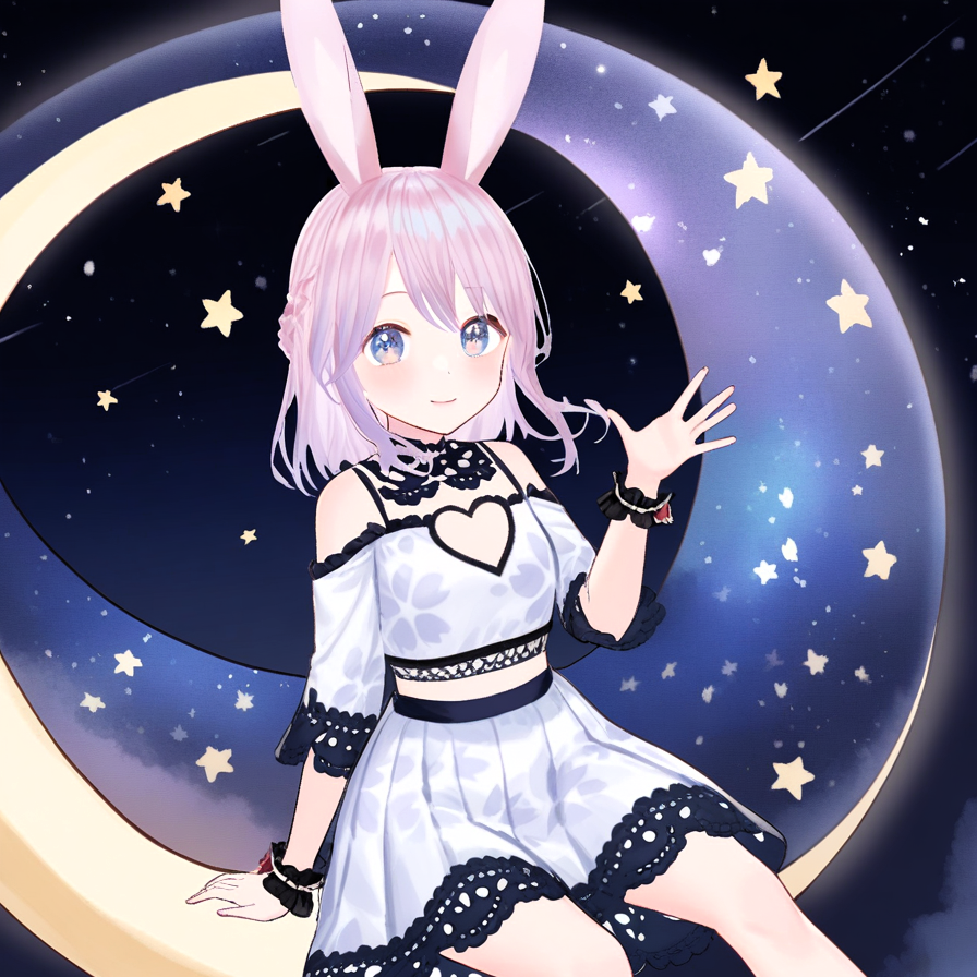 animal ears,solo,1girl,pink hair,blue eyes,looking at viewer,braid,rabbit ear,cute,heart,lovely,heart eye,love,dreamy,dreamy watercolor,usamimi koro💕,smile,rabbit ears,sitting on a giant crescent moon,smiling,glitter,night sky,countless stars,milky way,shooting stars,dreamy atmosphere,waving gesture,sitting on the crescent moon,heart star