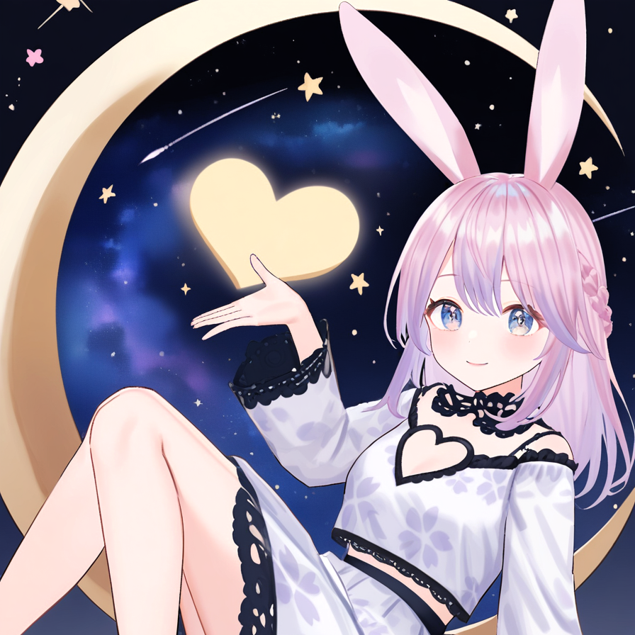 animal ears,solo,1girl,pink hair,blue eyes,looking at viewer,braid,rabbit ear,cute,heart,lovely,heart eye,love,dreamy,dreamy watercolor,usamimi koro💕,smile,rabbit ears,sitting on a giant crescent moon,smiling,glitter,night sky,countless stars,milky way,shooting stars,dreamy atmosphere,waving gesture,sitting on the crescent moon,heart star