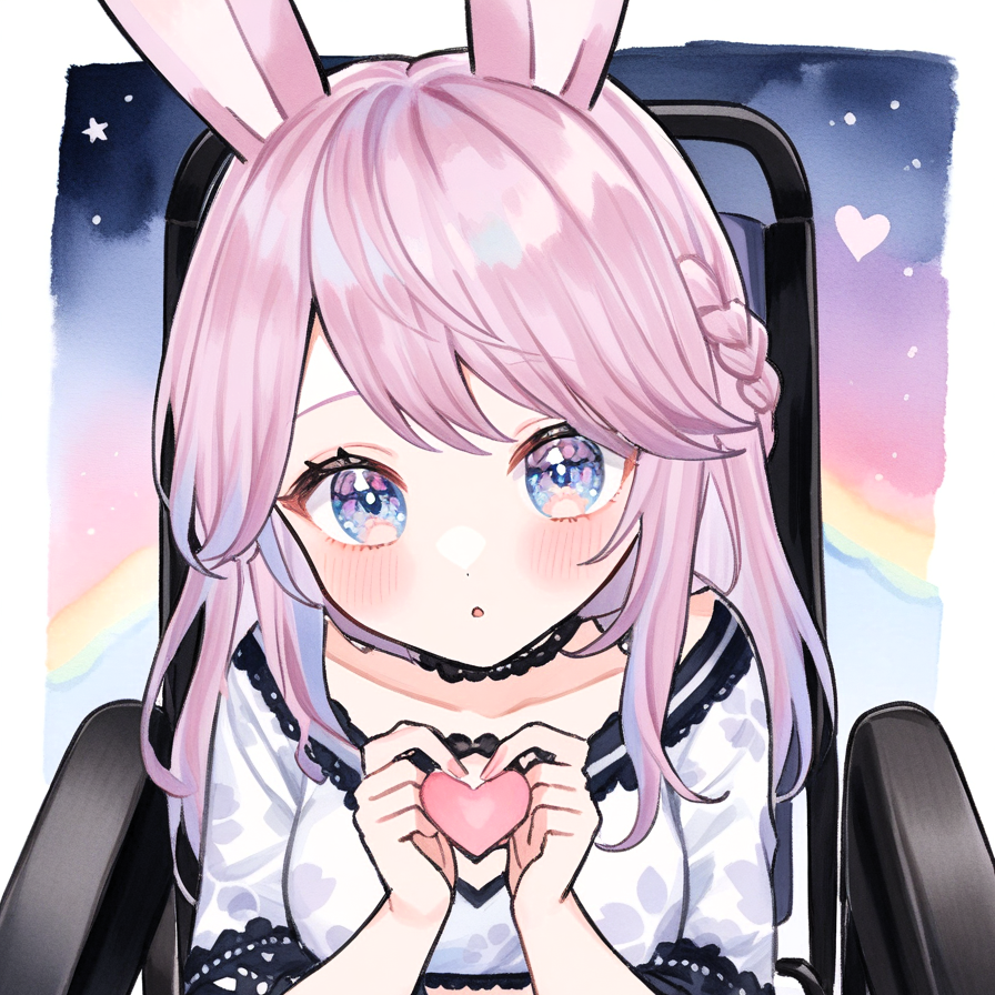 1girl,animal ears,solo,pink hair,blue eyes,looking at viewer,braid,rabbit ear,cute,heart,love story,love eyes,love,cutepose,dream pretty,heart eye,chibi,kawaii,rainbow sky,watercolor,sailor jk,girl sitting in a wheelchair,watercolor illustration,traditional media,1980s,君は僕のアンドロメダ,you are my andromeda