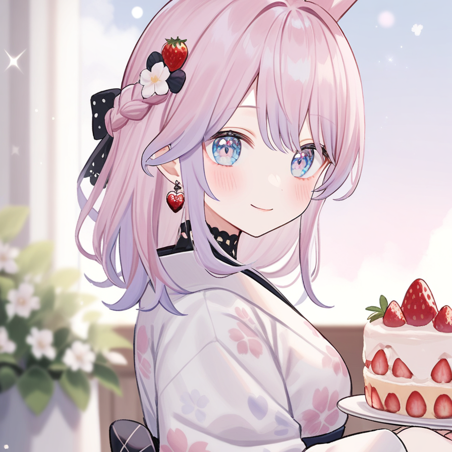 cute rabbit ears on her head,from side,medium wide shot,kimono with floral patterns,1girl,animal ears,solo,pink hair,blue eyes,looking at viewer,braid,hair ornament,rabbit ear,cute,smile,heart,lovely,heart eye,love,dreamy,dreamy watercolor,rabbit ear,usamimi koro💕,earrings,detailed,gorgeous hair ornament,Name: Koro  Age: 17 forever  Birthday: January 29  Height: 120cm  Favorite food: Strawberry🍓,Name: Koro,Age: 17 forever,Birthday: January 29,Height: 120cm,Favorite food: Strawberry🍓
