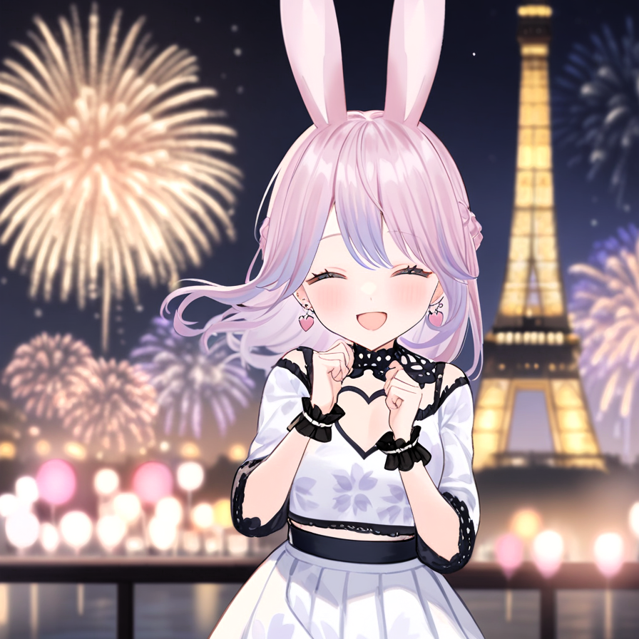 looking at viewer,braid,solo,1girl,animal ears,pink hair,blue eyes,Rabbit ear,grey eyes,purple hair,cute,smile,heart,lovely,heart eye,love,dreamy,dreamy watercolor,rabbit ear,usamimi koro💕,hair ornament,happy,a ultra detailed beautiful moe anime,water-color painting,blurry,closed eyes,large figure,colorful flowers,happy pose,wink,White dress,starysky,Open mouse,エッフェル塔,eiffel tower,パリオリンピック,Olympic,earrings,paris,パリ,firework