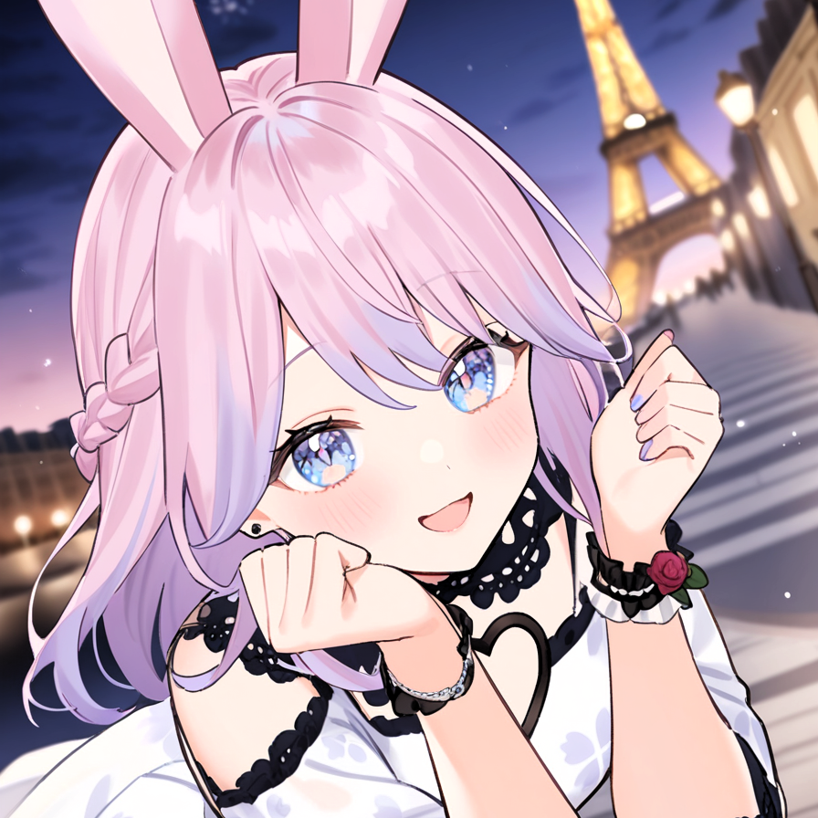 looking at viewer,braid,solo,1girl,animal ears,pink hair,blue eyes,Rabbit ear,grey eyes,purple hair,cute,smile,sleeveless dress,heart,lovely,heart eye,love,dreamy,dreamy watercolor,rabbit ear,usamimi koro💕,hair ornament,happy,a ultra detailed beautiful moe anime,water-color painting,blurry,closed eyes,large figure,colorful flowers,happy pose,wink,White dress,starysky,Open mouse,エッフェル塔,eiffel tower,パリオリンピック,Olympic,earrings,paris,パリ,firework