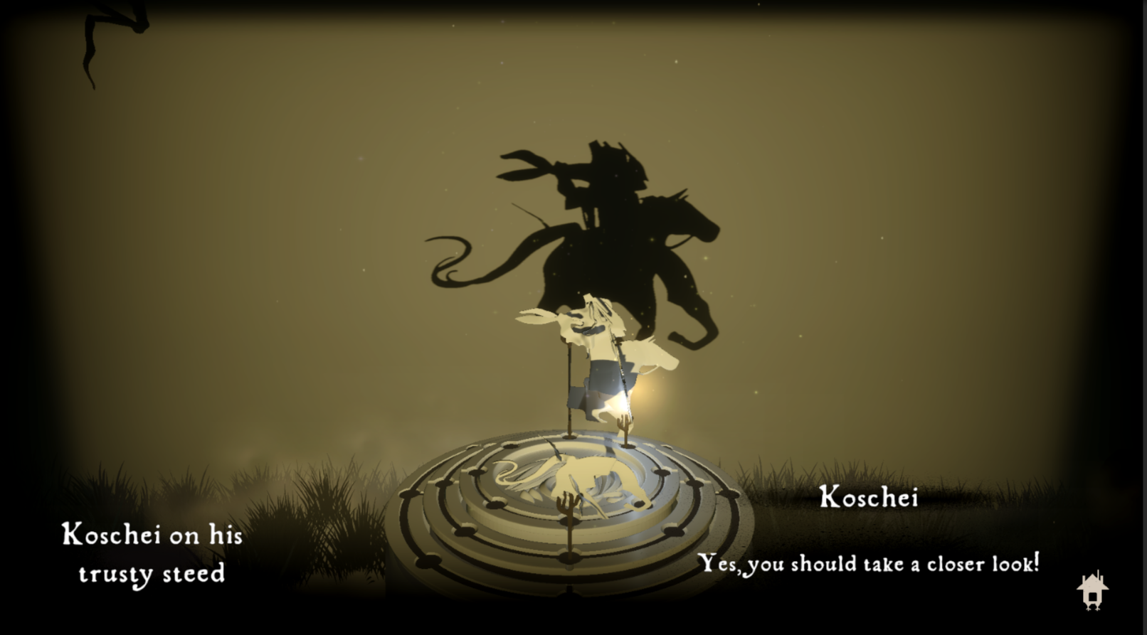 Making progress prompts the observing characters Koschei and Baba Yaga to comment on your actions.