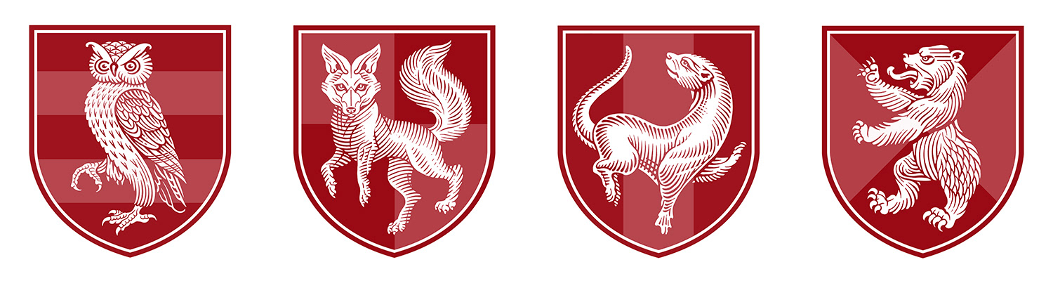 owl, fox, otter, bear, animals, mascots, heraldry, shield