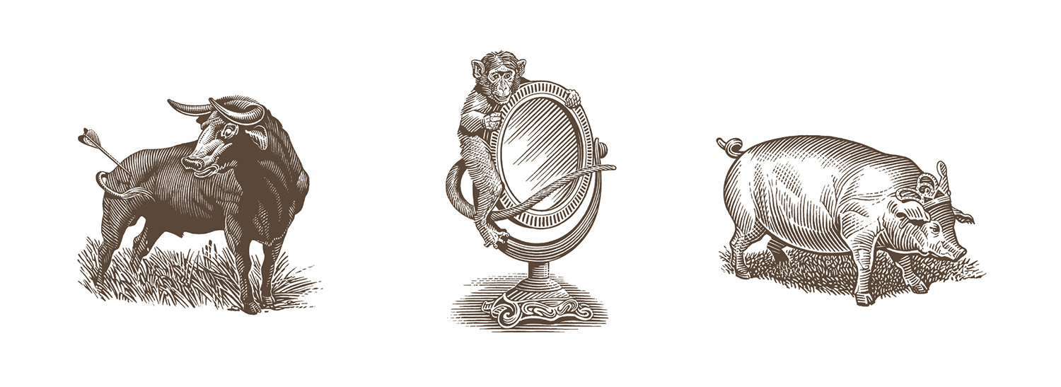 bull, monkey, pig mirror