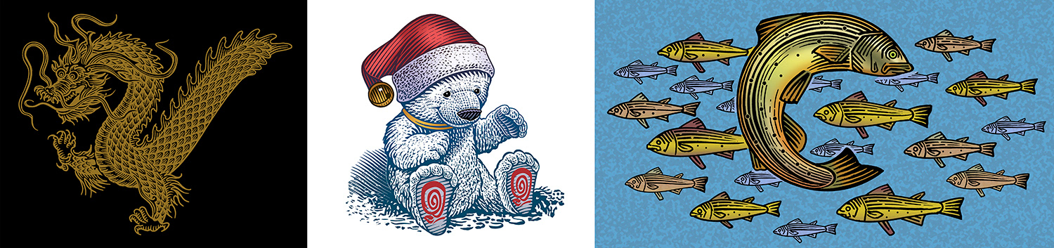 Chinese dragon, dragon,  polar bear, fish